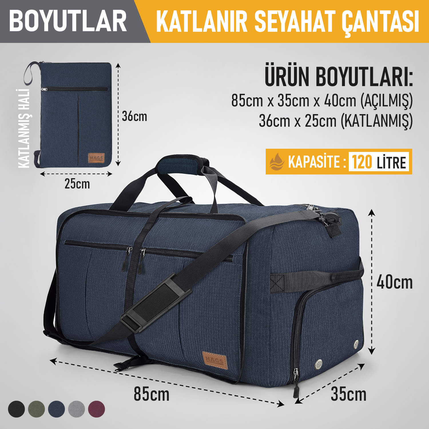 Haegs Katlanabilir Seyahat Çantası Büyük Boy El Bagajı Çantası Erkekler ve Kadınlar için Ayakkabı Bölmeli Hafta Sonu Geceleme Katlanır Bavul Valiz Çanta 120L - Lacivert 2