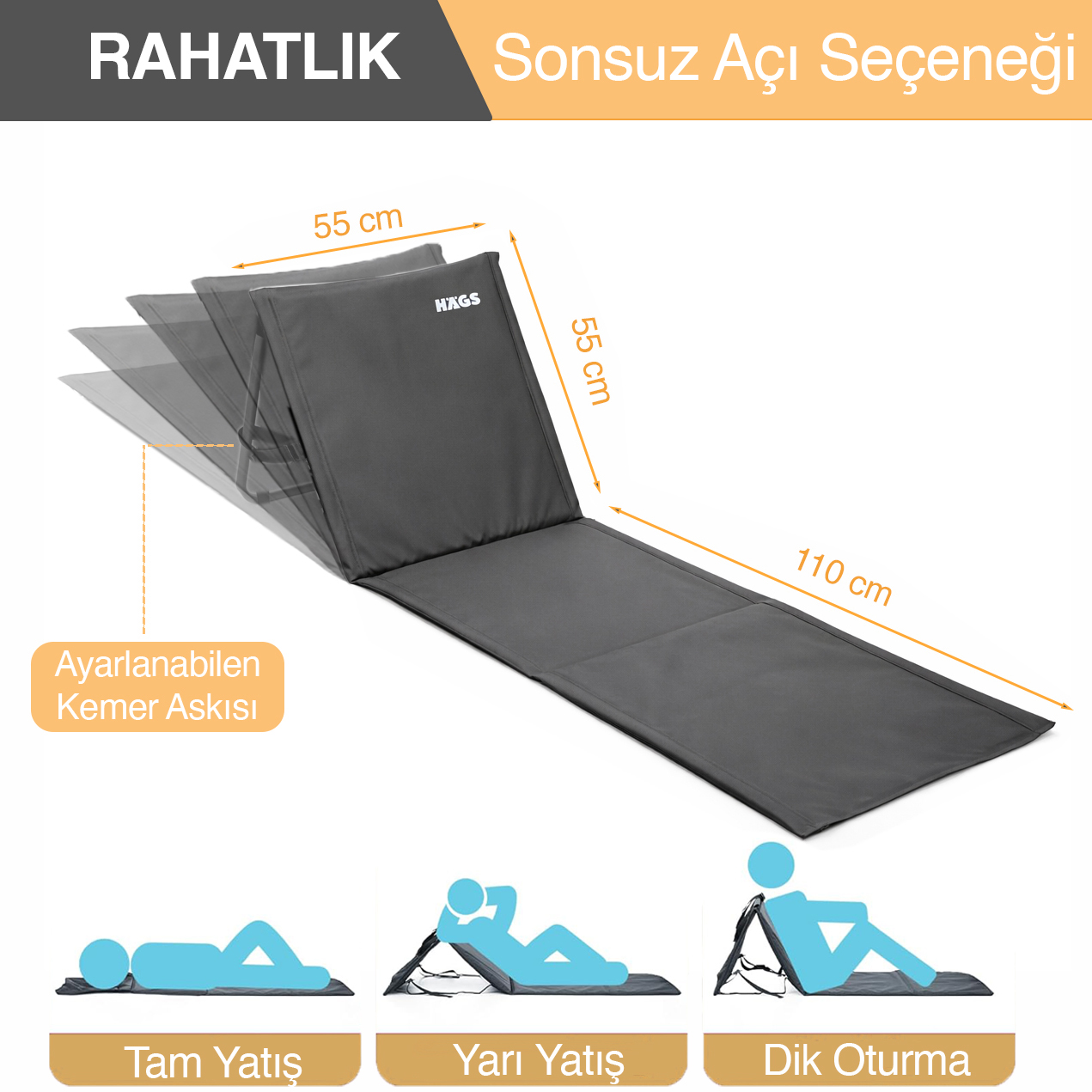 Haegs Katlanabilir Sırt Destekli Kamp ve Plaj Matı Katlanır Şezlong Plaj Zemin Sandalyesi Fermuar Cepli Kamp Piknik Havuz Başı Deniz Plaj için Mat Gri 4