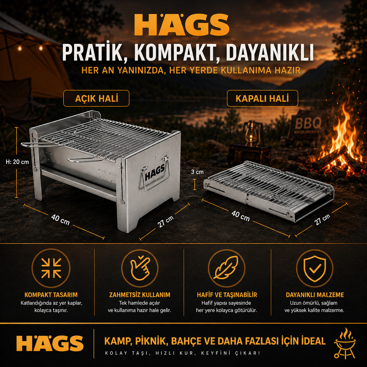 Haegs Katlanır Mangal Galvaniz Metal Kömür Mangalı Izgaralı Portatif taşınabilir Pratik Mangal 3