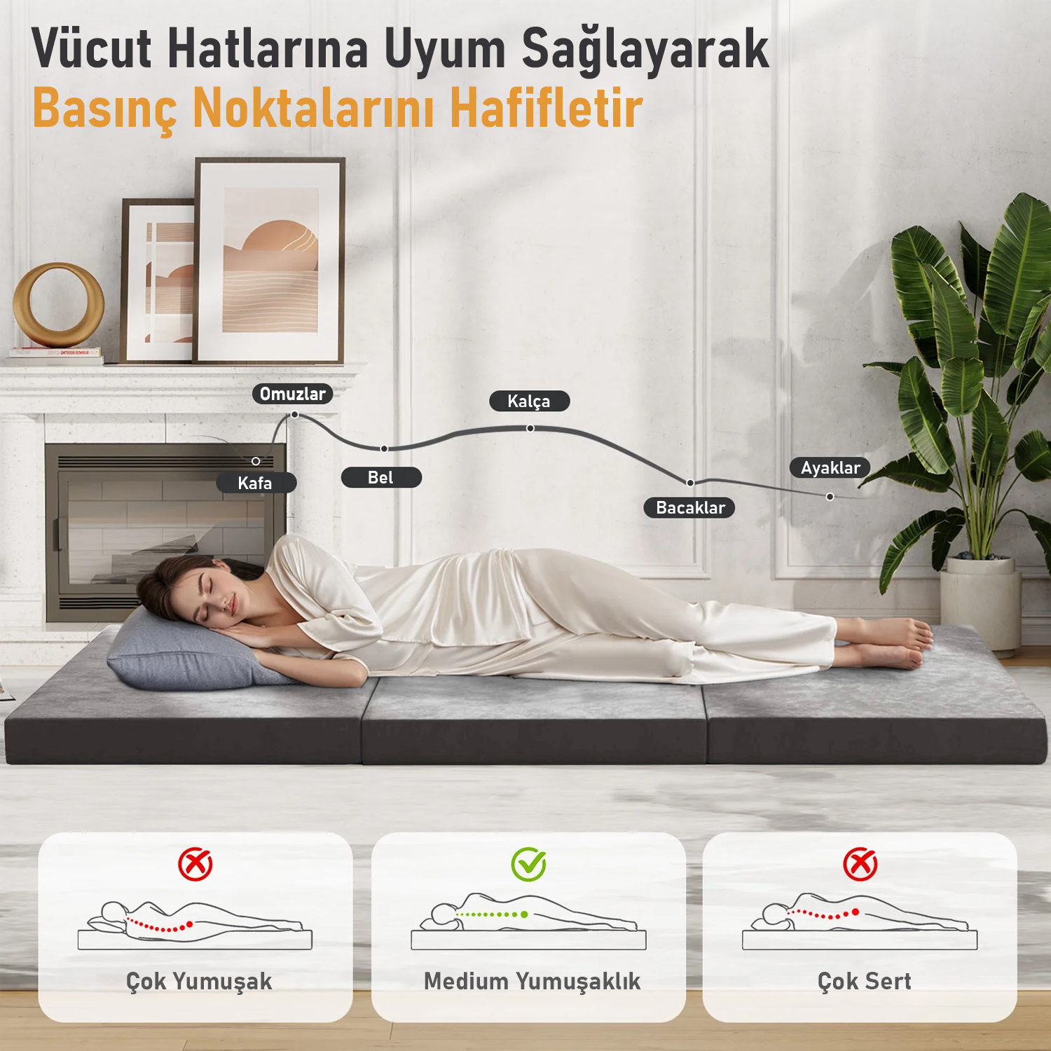 Haegs Katlanır Yatak Kamp Yatağı Kamp Matı Taşınabilir Yer Yatağı Yıkanabilir Kılıf Misafir için Seyahat Kamp Araç Karavan Çadır ve Yoga için İdeal 22 Dens - 190x65x10 cm - Gri 5
