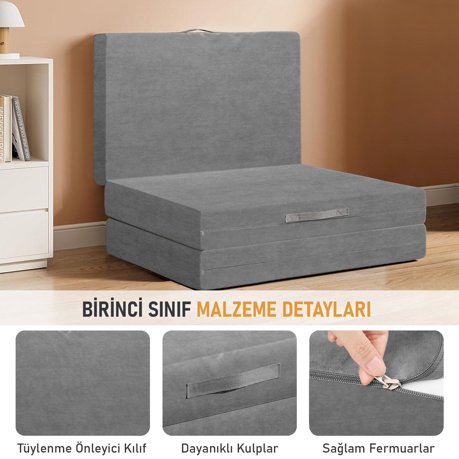 Haegs Katlanır Yatak Kamp Yatağı Kamp Matı Taşınabilir Yer Yatağı Yıkanabilir Kılıf Misafir için Seyahat Kamp Araç Karavan Çadır ve Yoga için İdeal 22 Dens - 190x65x10 cm - Gri 7