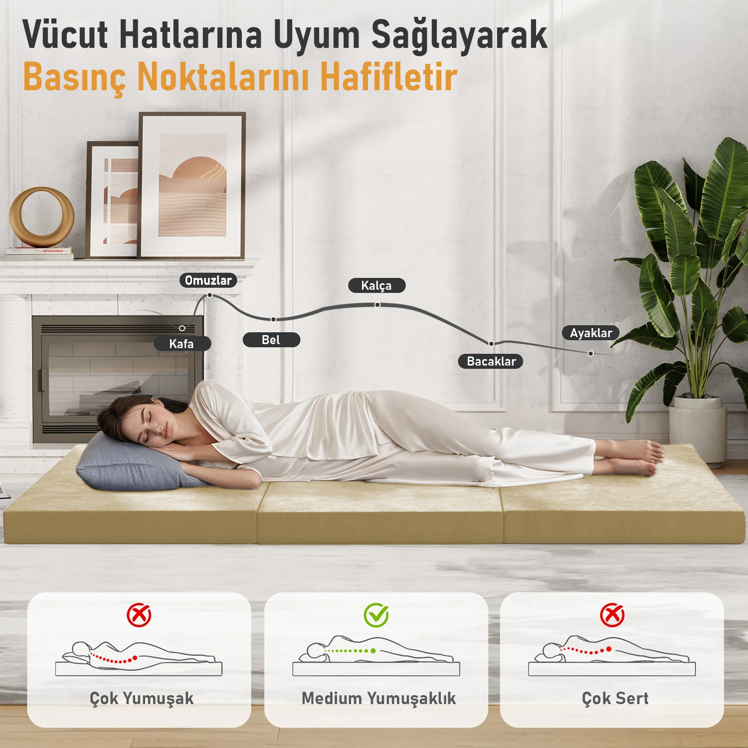 Haegs Katlanır Yatak Kamp Yatağı Kamp Matı Taşınabilir Yer Yatağı Yıkanabilir Kılıf Misafir için Seyahat Kamp Araç Karavan Çadır ve Yoga için İdeal 22 Dens - 190x75x10 cm - Bej 5
