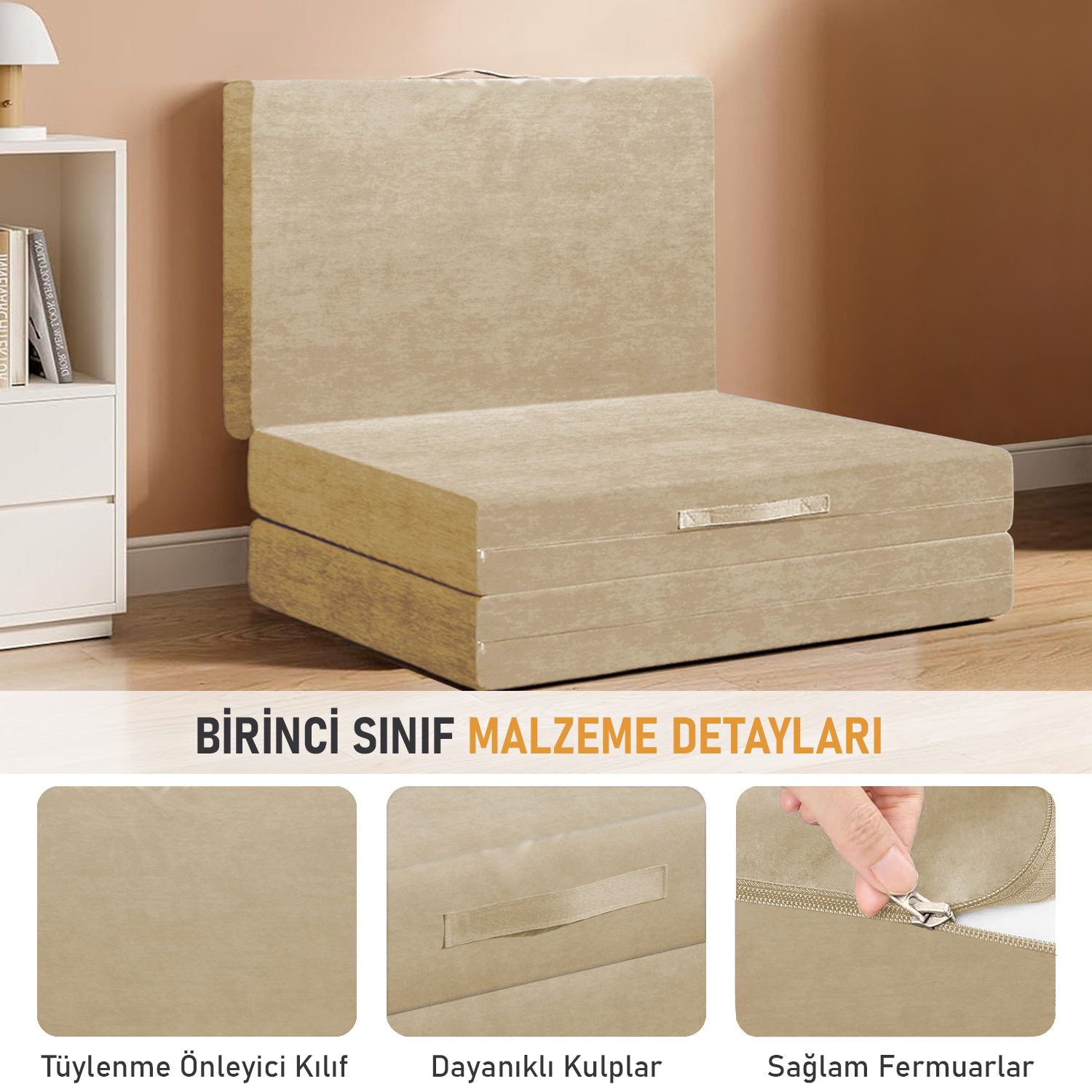 Haegs Katlanır Yatak Kamp Yatağı Kamp Matı Taşınabilir Yer Yatağı Yıkanabilir Kılıf Misafir için Seyahat Kamp Araç Karavan Çadır ve Yoga için İdeal 22 Dens - 190x75x10 cm - Bej 7