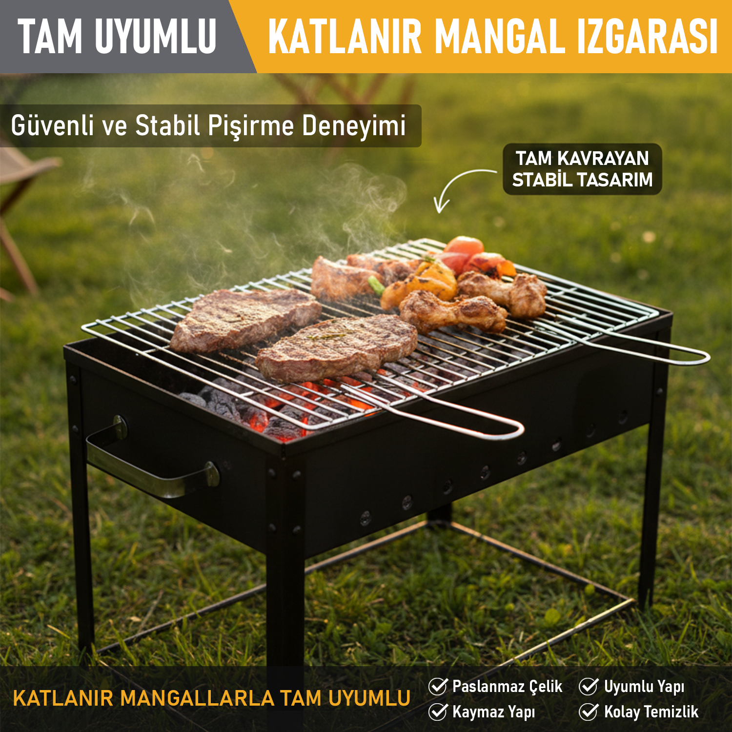 Haegs Mangal Izgara Teli Yer Kaplamaz Pratik Katlanır Kulplu Tel Mangal Izgarası Barbekü Grill Pişirme Teli 26 x 34 cm 9
