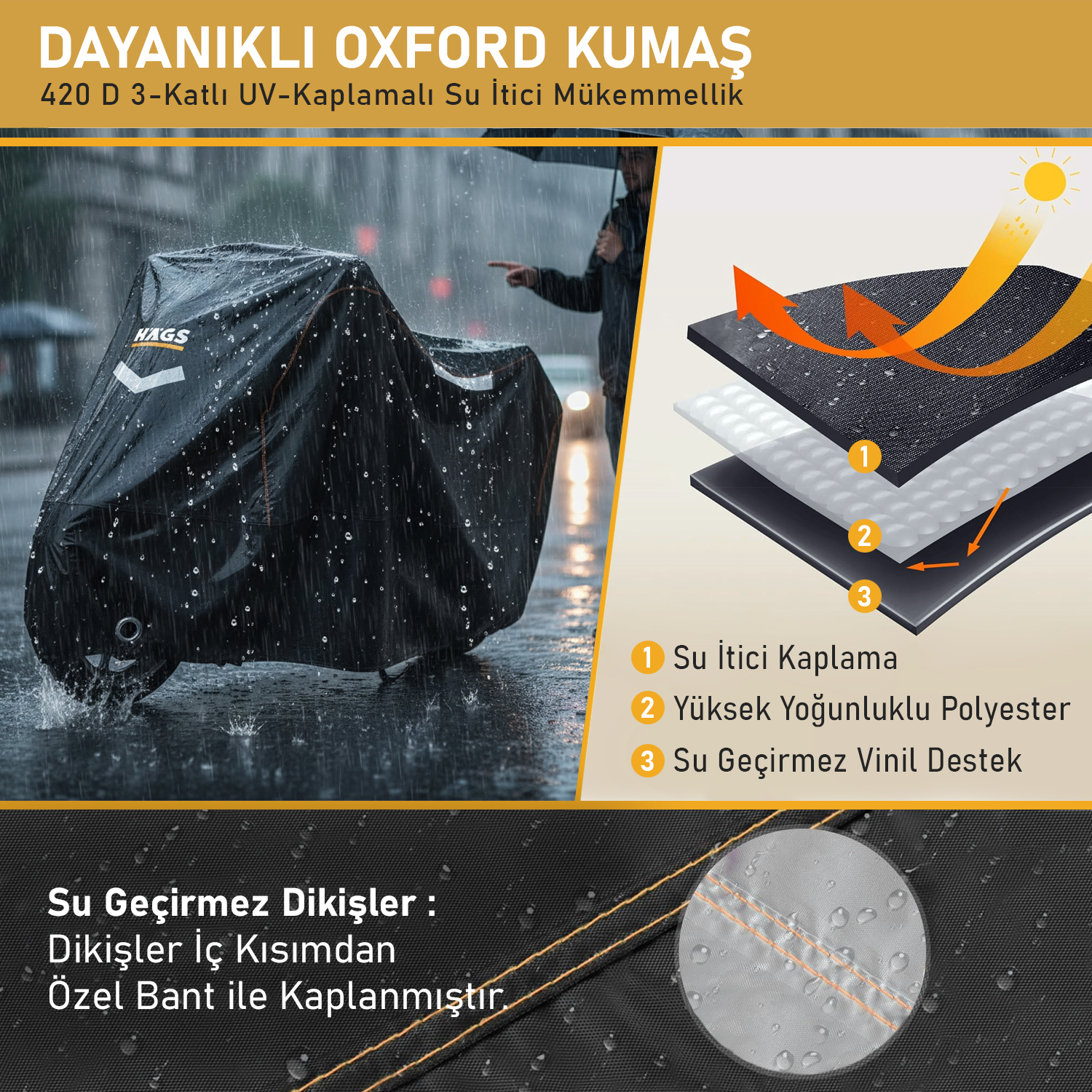 Haegs Motosiklet Brandası Motor Kılıfı Örtüsü Dış Mekan Motosiklet Örtüsü Su Geçirmez Rüzgar Toz Geçirmez Motor Garaj Brandası Kışa Dayanıklı XXL 265x105x125 cm - Siyah 5