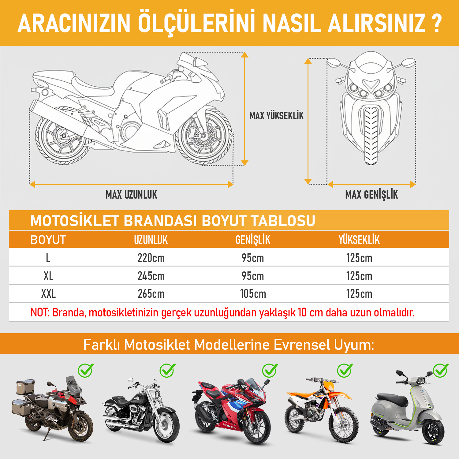 Haegs Motosiklet Brandası Motor Kılıfı Örtüsü Dış Mekan Motosiklet Örtüsü Su Geçirmez Rüzgar Toz Geçirmez Motor Garaj Brandası Kışa Dayanıklı XXL 265x105x125 cm - Siyah 3