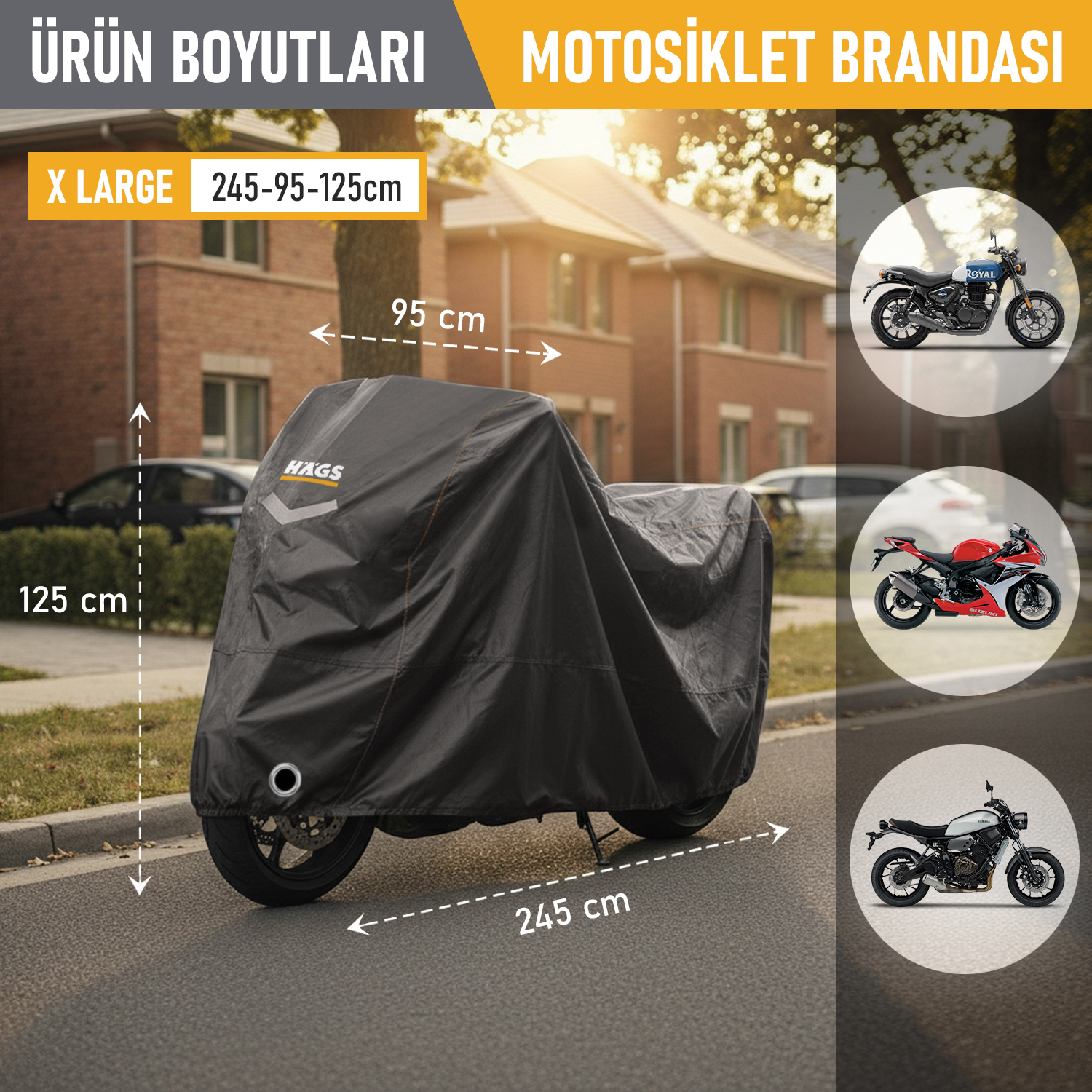 Haegs Motosiklet Brandası Motor Kılıfı Örtüsü Dış Mekan Motosiklet Örtüsü Su Geçirmez Rüzgar Toz Geçirmez Motor Garaj Brandası Kışa Dayanıklı XL 245x95x125 cm - Siyah - Gri 3