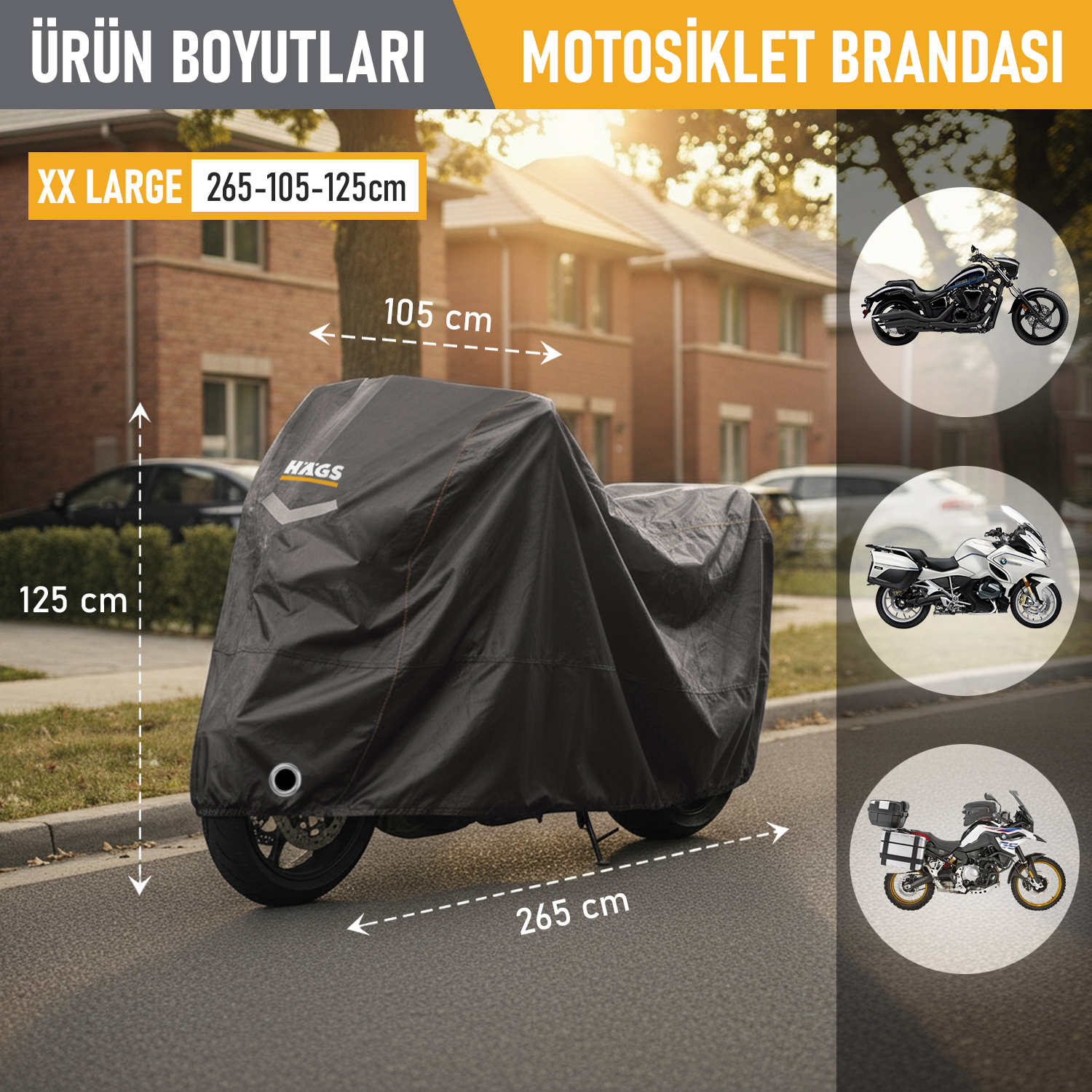 Haegs Motosiklet Brandası Motor Kılıfı Örtüsü Dış Mekan Motosiklet Örtüsü Su Geçirmez Rüzgar Toz Geçirmez Motor Garaj Brandası Kışa Dayanıklı XXL 265x105x125 cm - Siyah 2