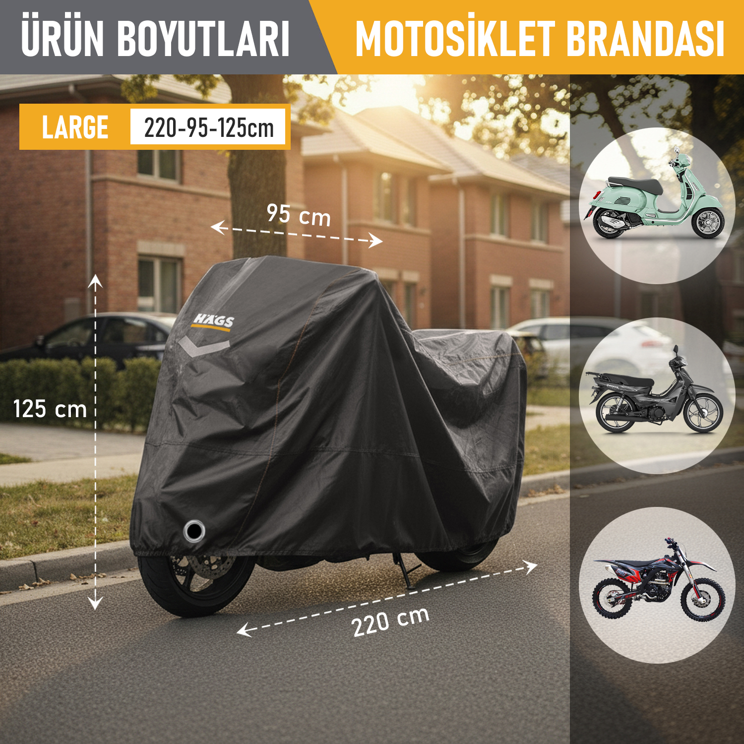 Haegs Motosiklet Brandası Motor Kılıfı Örtüsü Dış Mekan Motosiklet Örtüsü Su Geçirmez Rüzgar Toz Geçirmez Motor Scooter Garaj Brandası Kışa Dayanıklı L 220x95x125 cm - Gri 3
