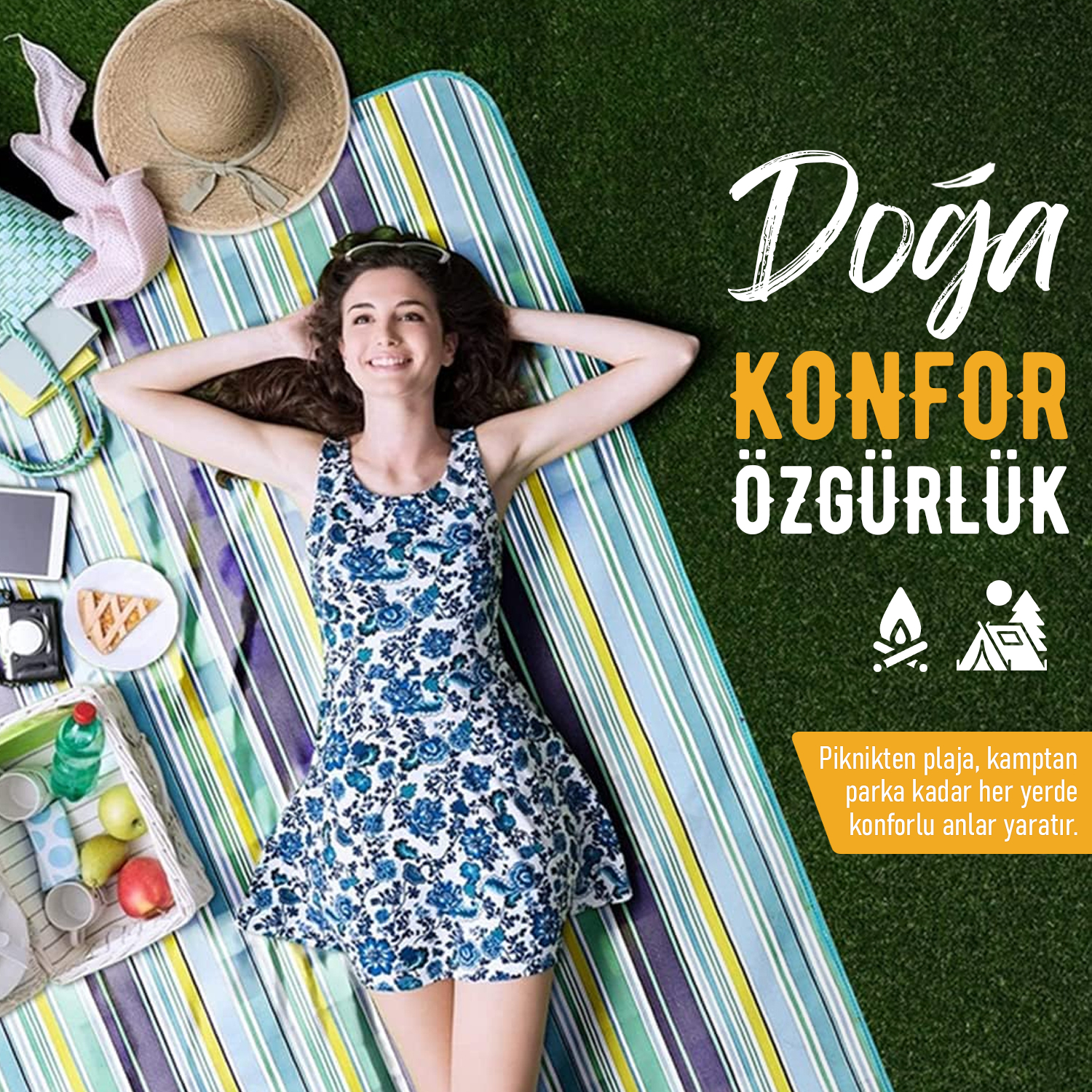 Haegs Piknik Örtüsü Çanta Kamp Matı Plaj Matı Piknik Yer Örtüsü Seyahat Kamp Outdoor Park Çim Kum Tutmaz Su Geçirmez Kullanışlı Çanta Model Katlanabilir 200x150cm - Mavi Ekose 5