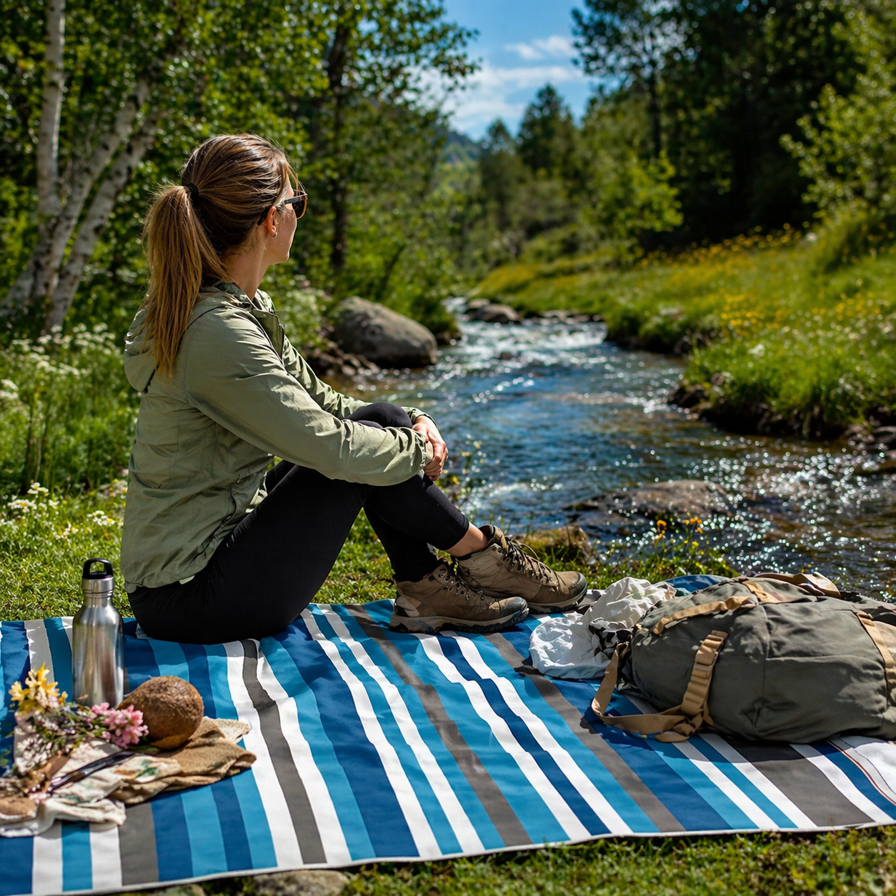 Haegs Piknik Örtüsü Çanta Kamp Matı Plaj Matı Piknik Yer Örtüsü Seyahat Kamp Outdoor Park Çim Kum Tutmaz Su Geçirmez Kullanışlı Çanta Model Katlanabilir 200x150cm - Mavi-Gri Çizgiler 3