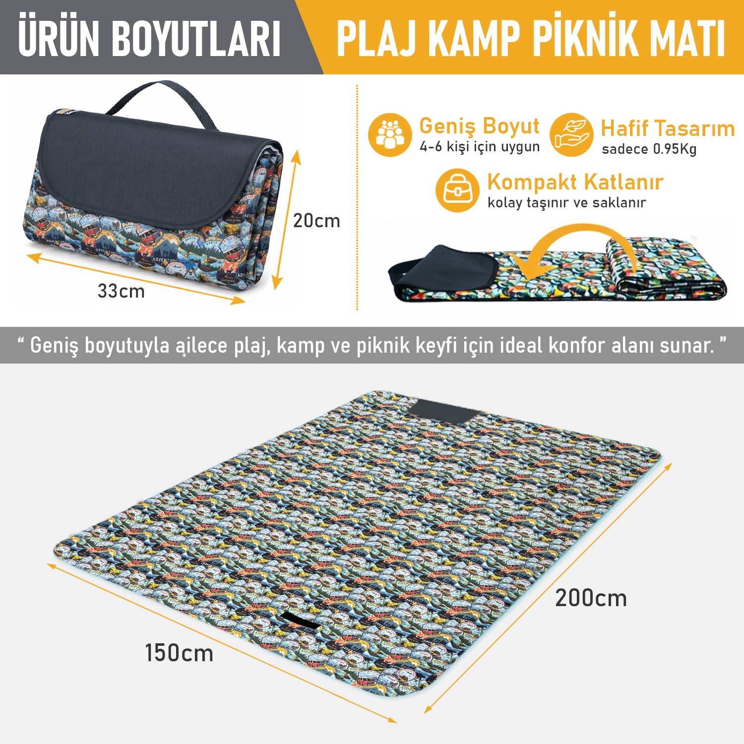 Haegs Piknik Örtüsü Çanta Kamp Matı Plaj Matı Piknik Yer Örtüsü Seyahat Kamp Outdoor Park Çim Kum Tutmaz Su Geçirmez Kullanışlı Çanta Model Katlanabilir 200x150cm - Adventure 4