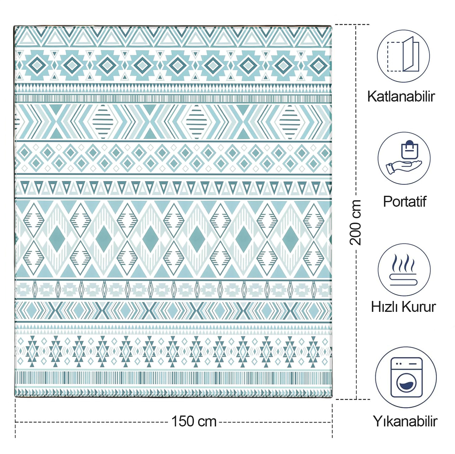 Haegs Piknik Örtüsü Çanta Kamp Matı Plaj Matı Piknik Yer Örtüsü Seyahat Kamp Outdoor Park Çim Kum Tutmaz Su Geçirmez Kullanışlı Çanta Model Katlanabilir 200x150cm - Etnik Boho 2