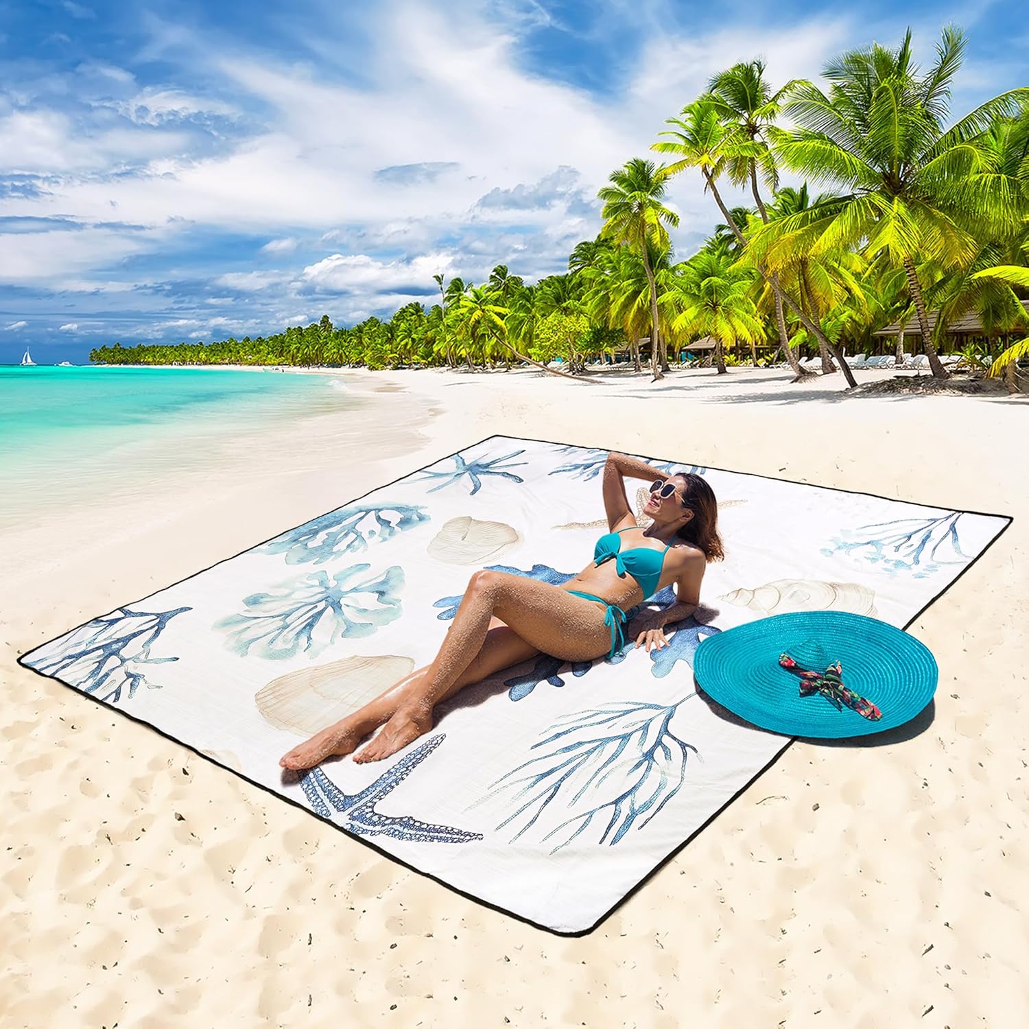 Haegs Piknik Örtüsü Çanta Kamp Matı Plaj Matı Piknik Yer Örtüsü Seyahat Kamp Outdoor Park Çim Kum Tutmaz Su Geçirmez Kullanışlı Çanta Model Katlanabilir 200x150cm - Deniz Canlıları 2
