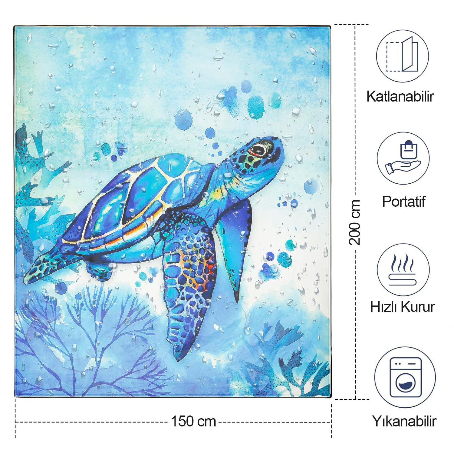 Haegs Piknik Örtüsü Çanta Kamp Matı Plaj Matı Piknik Yer Örtüsü Seyahat Kamp Outdoor Park Çim Kum Tutmaz Su Geçirmez Kullanışlı Çanta Model Katlanabilir 200x150cm - Deniz Kaplumbağası 3