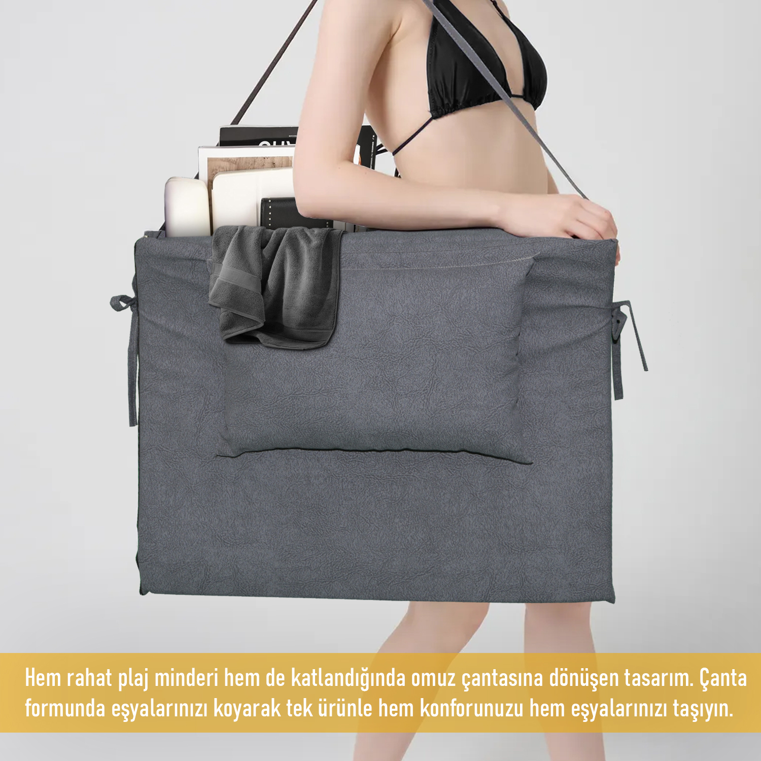 Haegs Plaj Minderi Plaj Çantası Tasarımlı Katlanır Plaj Matı Yastıklı Su Geçirmez Plaj Şezlong Minderleri 22 Dens 180x53x2cm - Gri 3