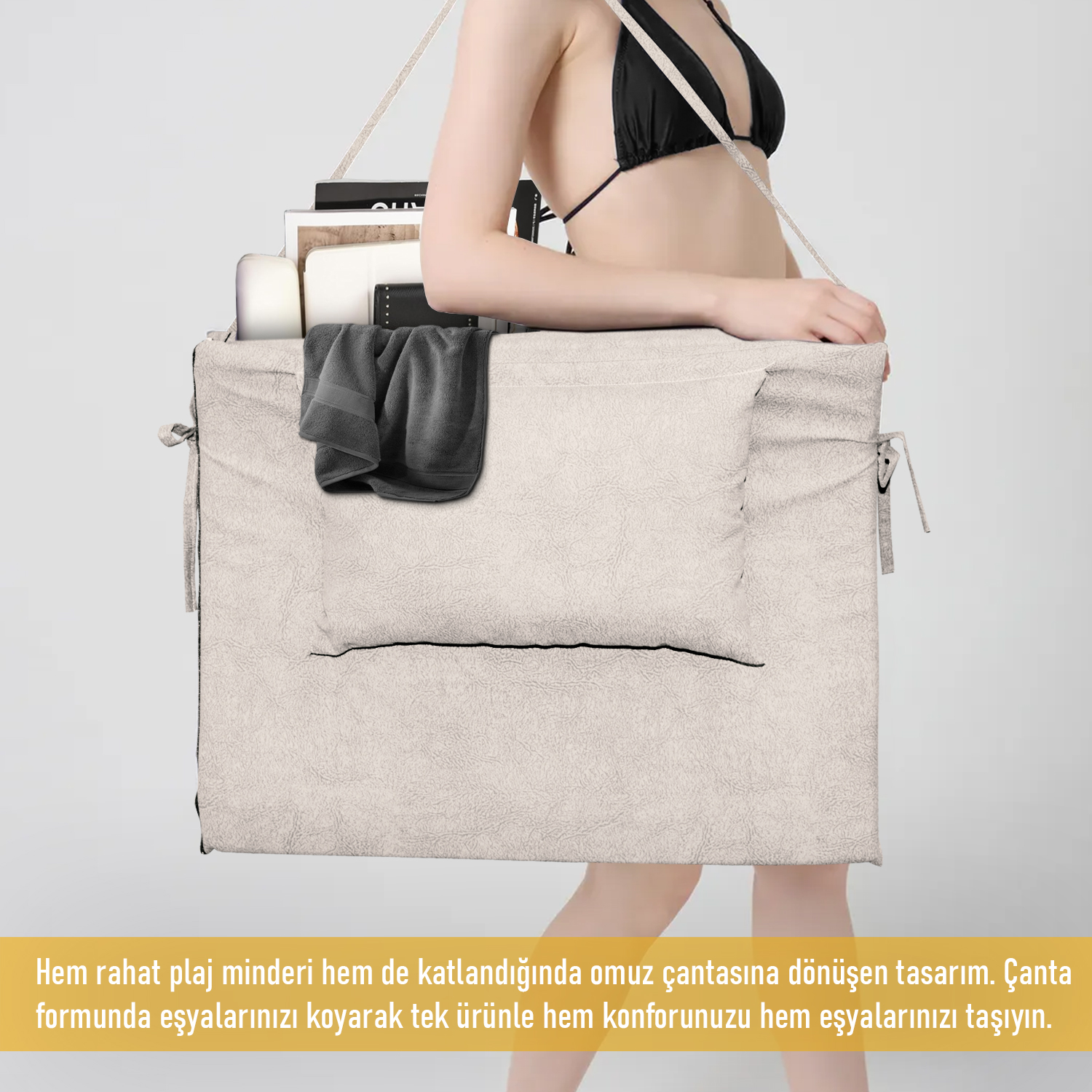 Haegs Plaj Minderi Plaj Çantası Tasarımlı Katlanır Plaj Matı Yastıklı Su Geçirmez Plaj Şezlong Minderleri 22 Dens 180x53x2cm - Bej 3