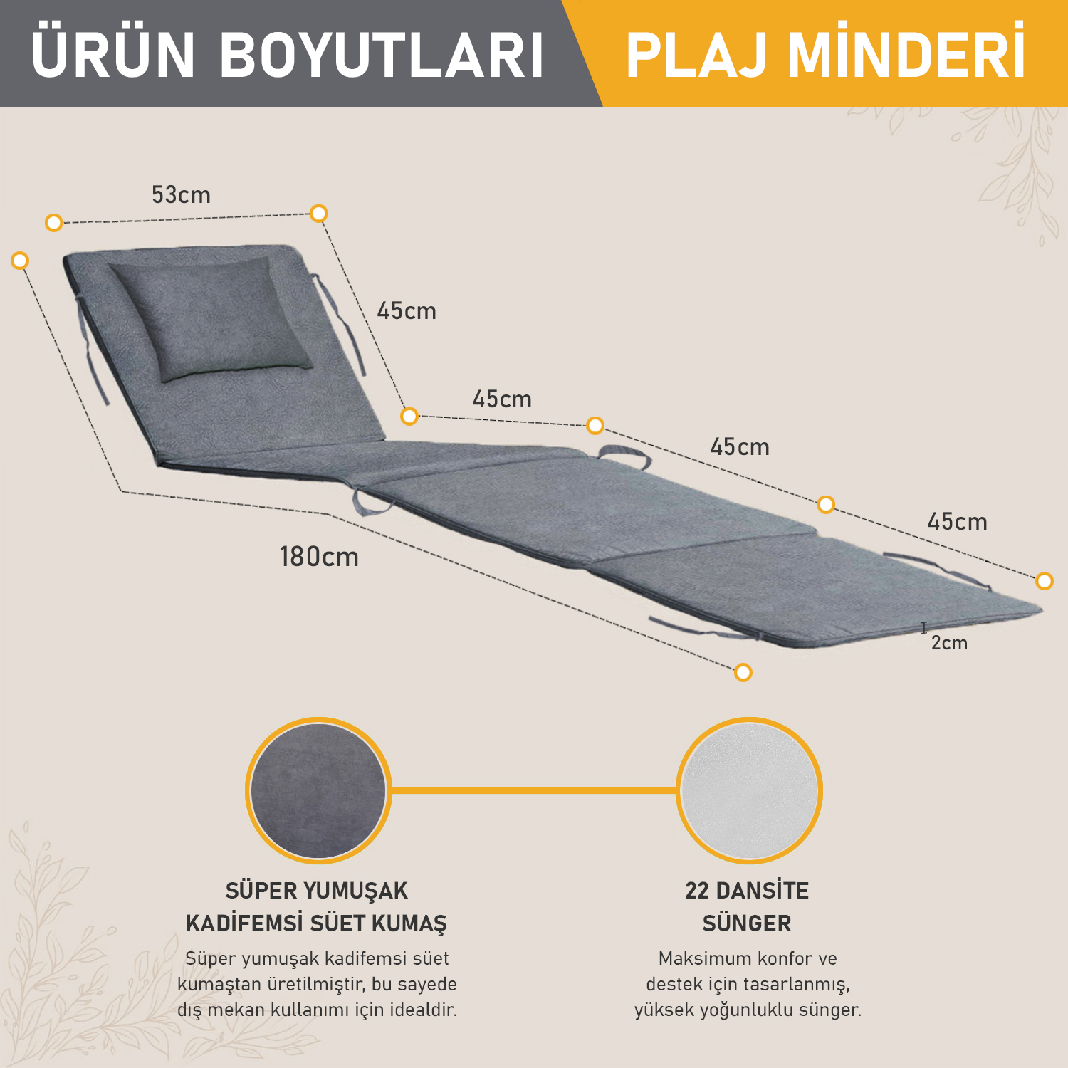 Haegs Plaj Minderi Plaj Çantası Tasarımlı Katlanır Plaj Matı Yastıklı Su Geçirmez Plaj Şezlong Minderleri 22 Dens 180x53x2cm - Gri 3