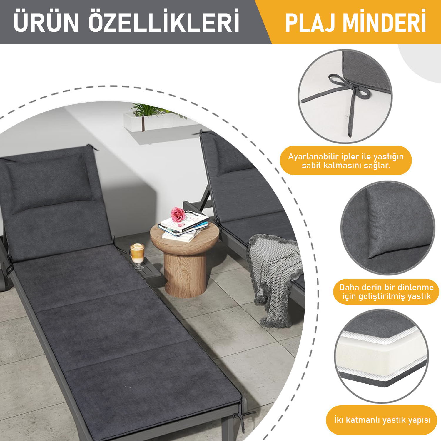 Haegs Plaj Minderi Plaj Çantası Tasarımlı Katlanır Plaj Matı Yastıklı Su Geçirmez Plaj Şezlong Minderleri 22 Dens 180x53x2cm - Gri 5