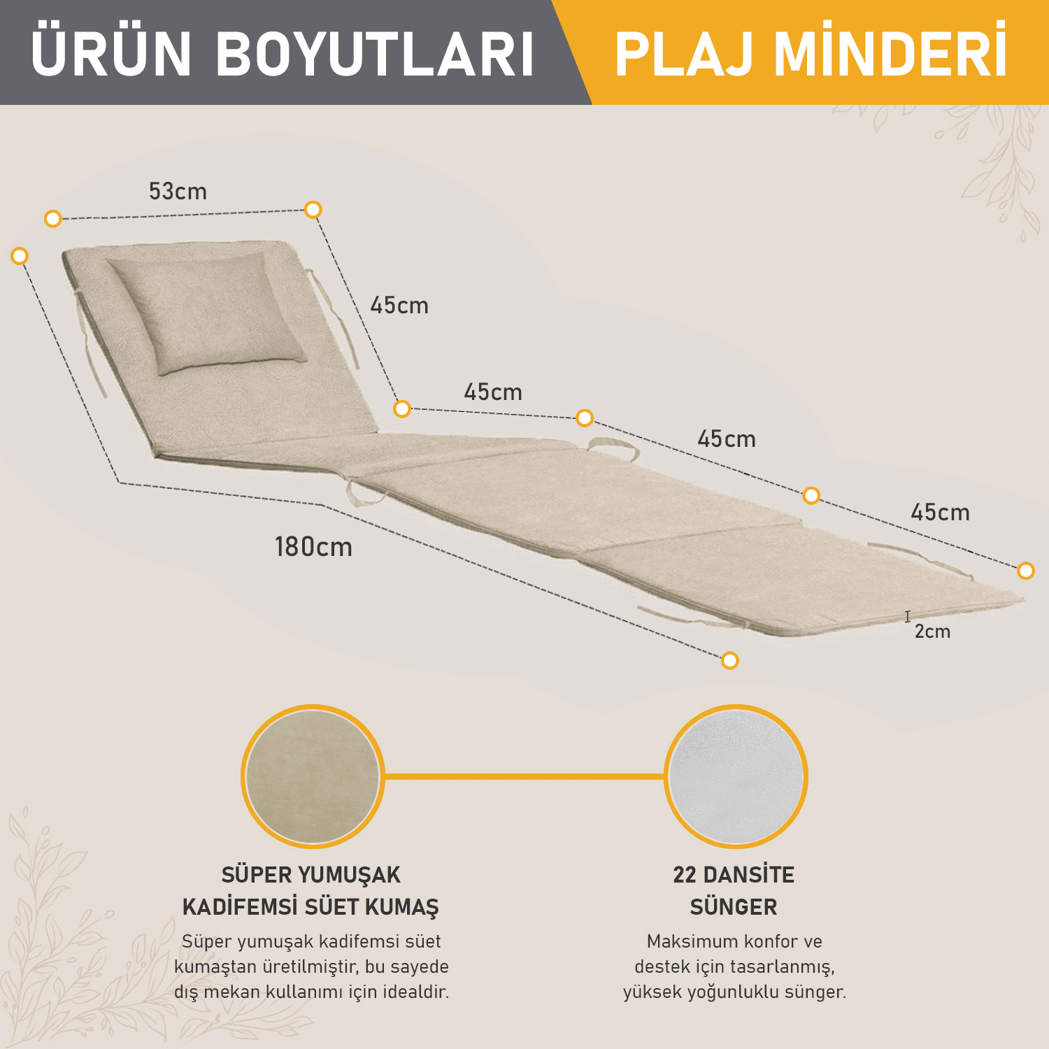 Haegs Plaj Minderi Plaj Çantası Tasarımlı Katlanır Plaj Matı Yastıklı Su Geçirmez Plaj Şezlong Minderleri 22 Dens 180x53x2cm - Bej 3