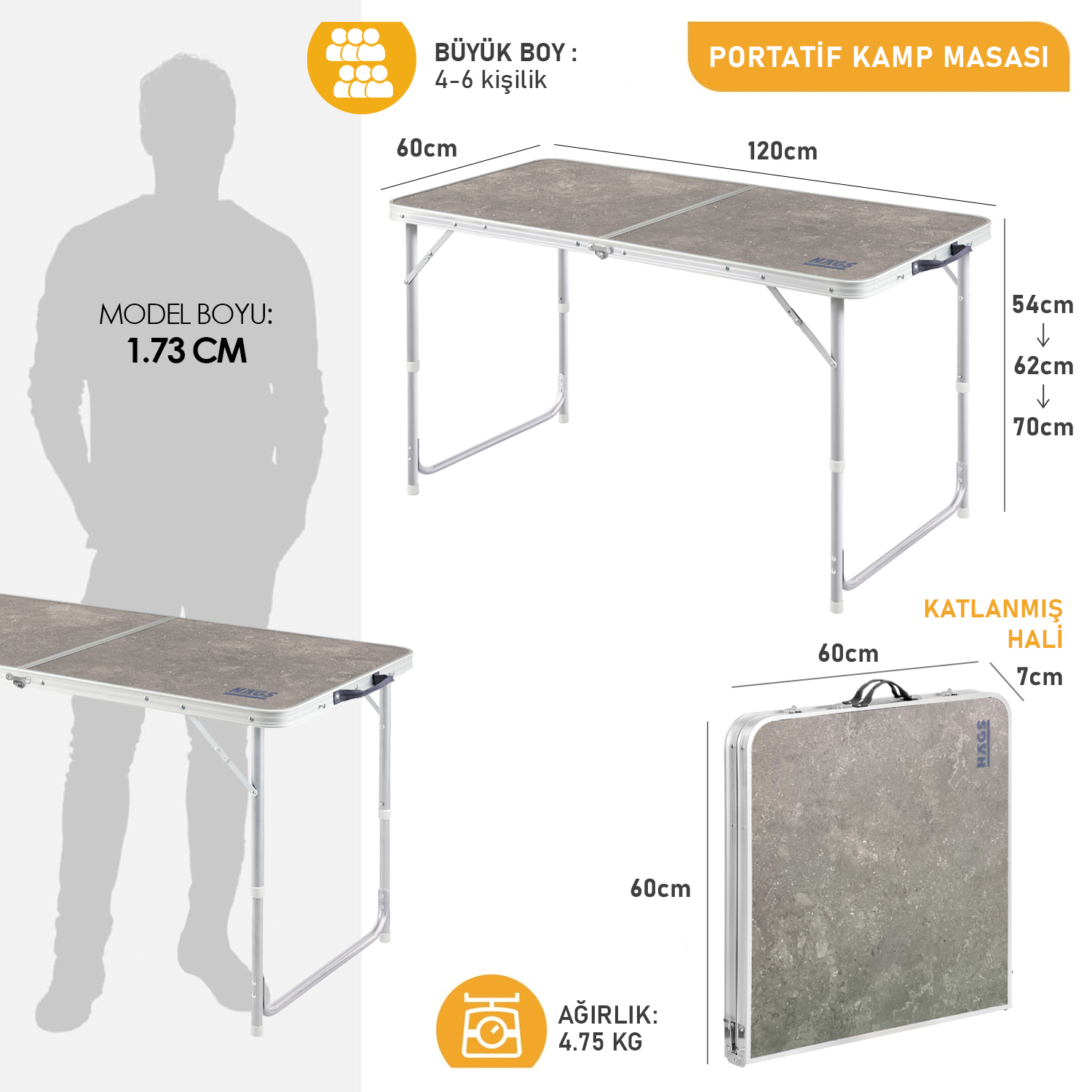 Haegs Portatif Kamp Masası 3 Yükseklik Ayarlı Katlanır Piknik Masası Kolay Taşınabilir Alüminyum Masa - 120x60 - Kumaş Desenli 1