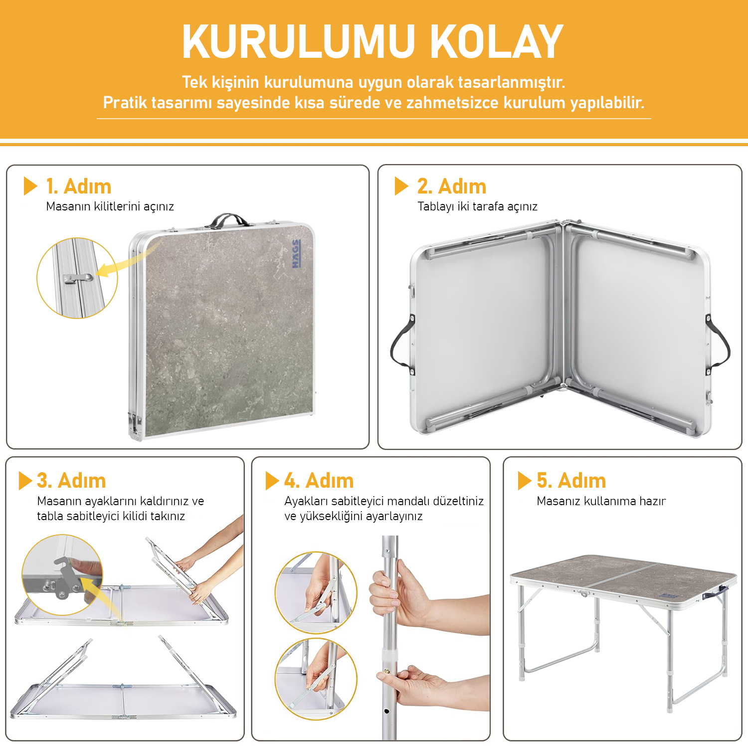 Haegs Portatif Kamp Masası 3 Yükseklik Ayarlı Katlanır Piknik Masası Kolay Taşınabilir Alüminyum Masa - 120x60 - Kumaş Desenli 6