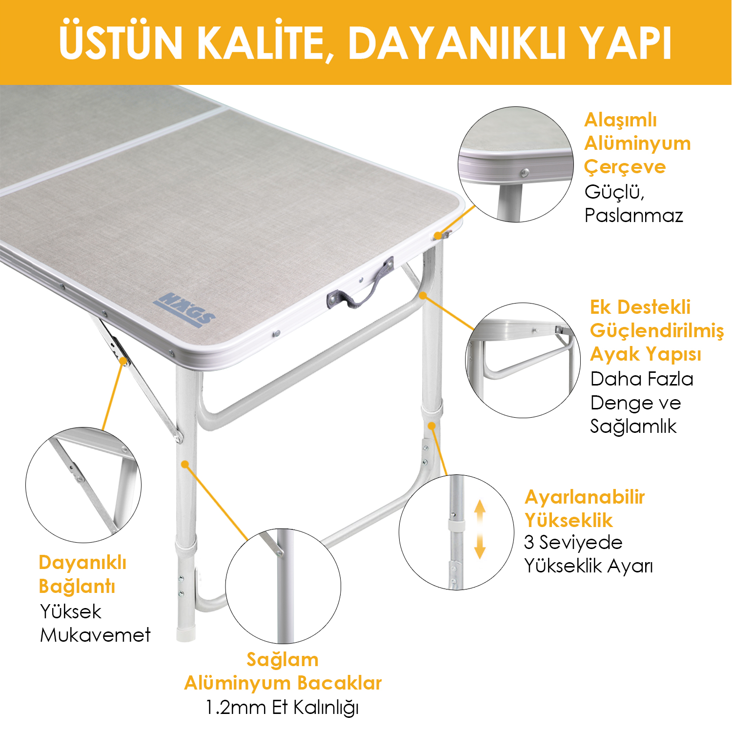 Haegs Portatif Kamp Masası 3 Yükseklik Ayarlı Katlanır Piknik Masası Kolay Taşınabilir Alüminyum Masa - 120x60 - Mermer Desenli 4