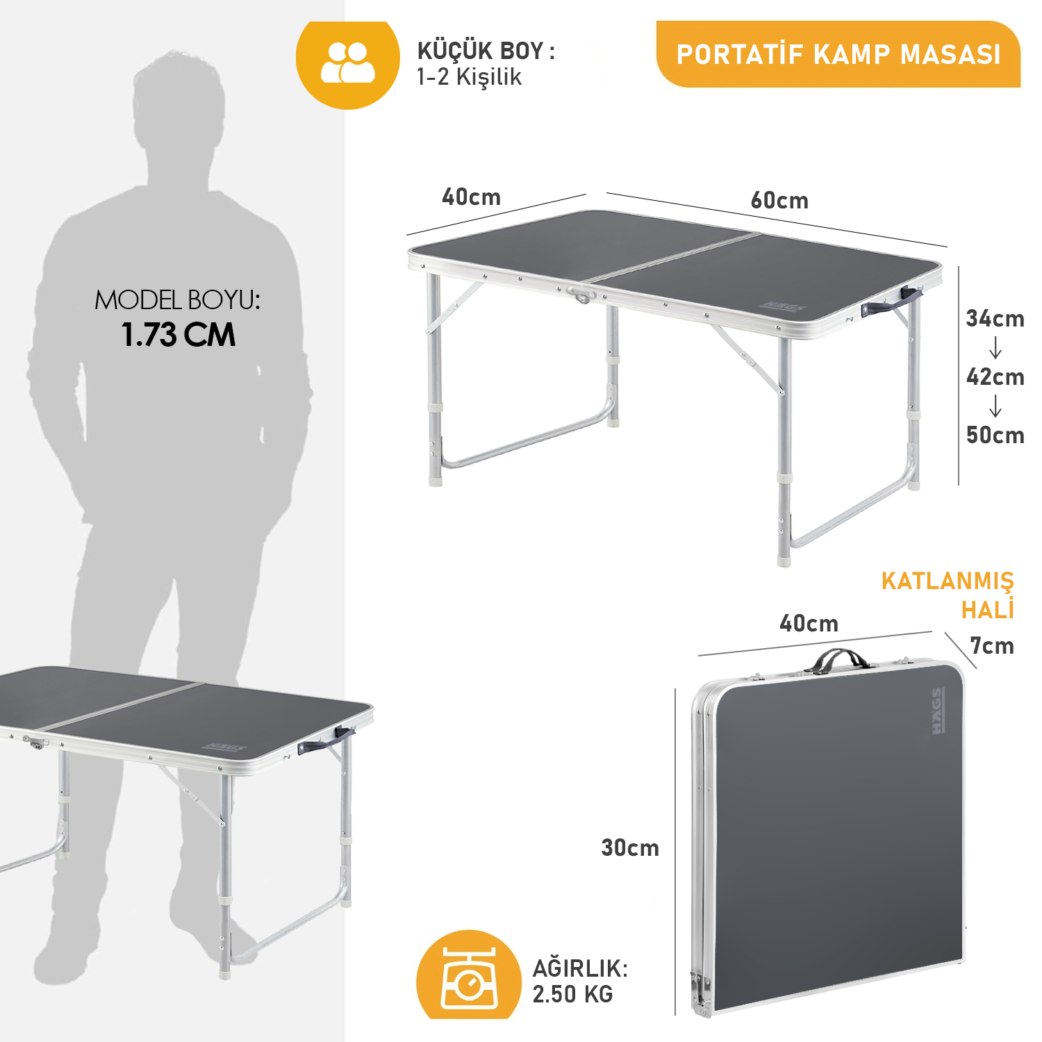 Haegs Portatif Kamp Masası 3 Yükseklik Ayarlı Katlanır Piknik Masası Kolay Taşınabilir Alüminyum Masa - 60x40 - Antrasit 1