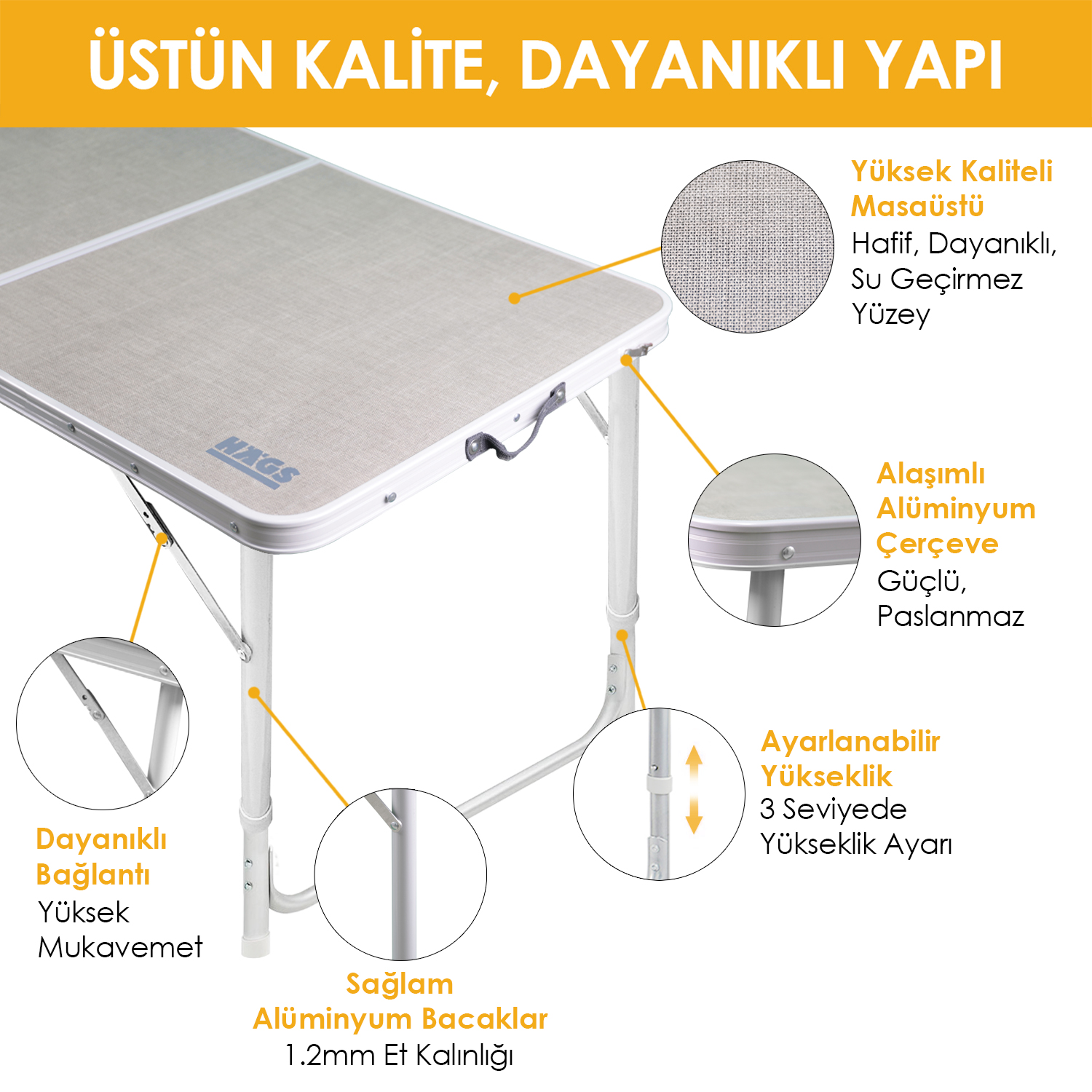 Haegs Portatif Kamp Masası 3 Yükseklik Ayarlı Katlanır Piknik Masası Kolay Taşınabilir Alüminyum Masa - 60x40 - Kumaş Desenli 5