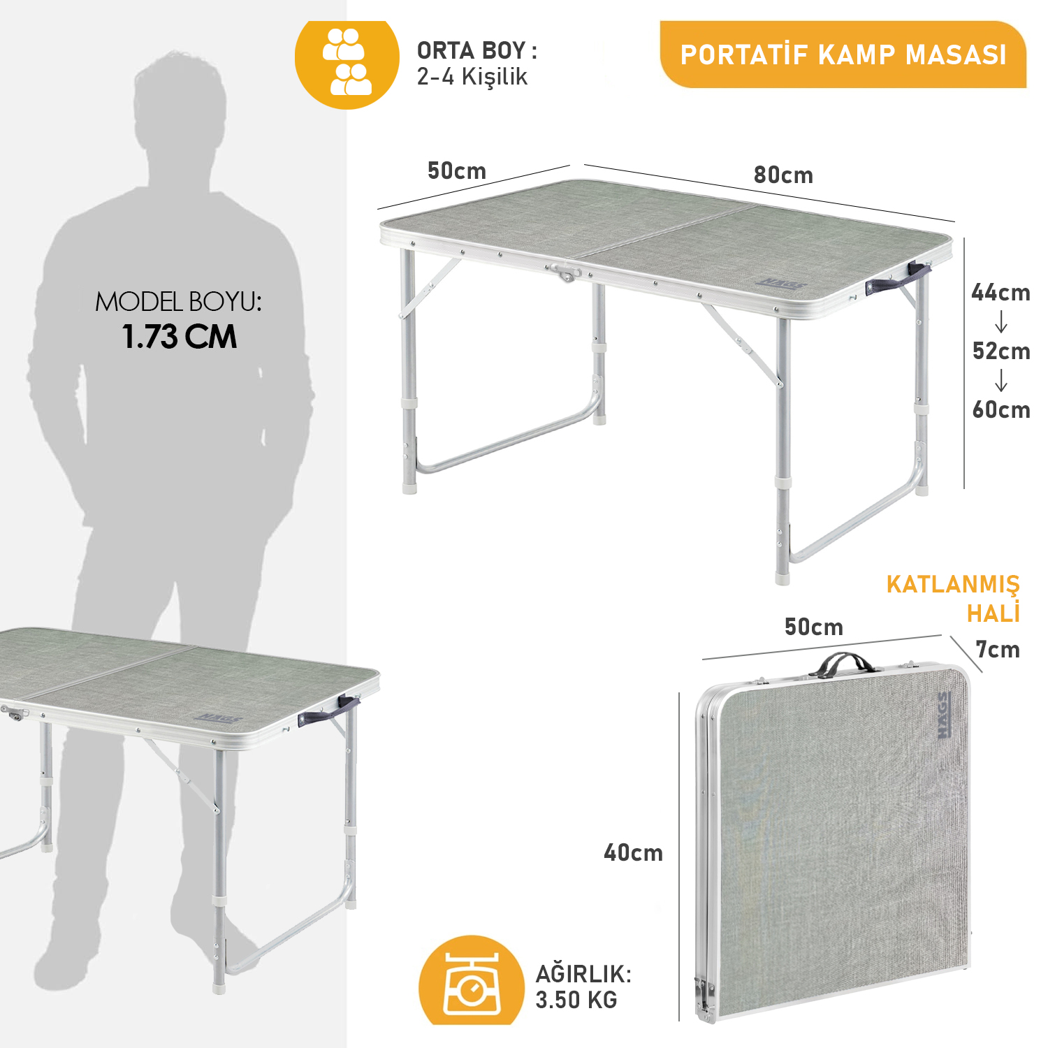 Haegs Portatif Kamp Masası 3 Yükseklik Ayarlı Katlanır Piknik Masası Kolay Taşınabilir Alüminyum Masa - 80x50 - Antrasit 2