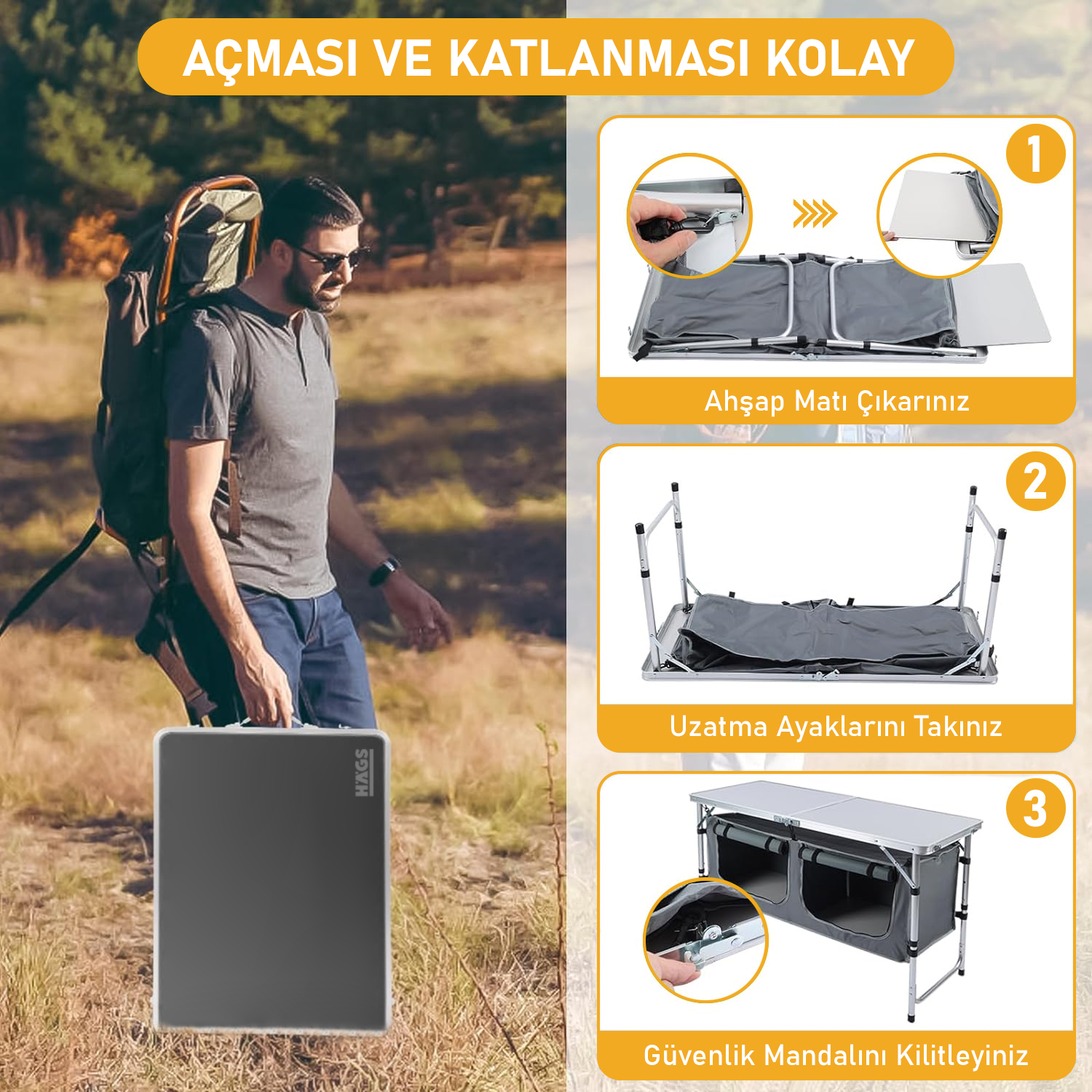 Haegs Saklama Dolaplı Kamp Masası Outdoor Kamp Mutfağı Kamp Dolabı Katlanabilir Kamp Piknik Masası Seyahat Mutfağı Mutfak Dolabı Depolama bölmeli Dış Mekan Mutfağı 120-60cm- Kumaş Desenli 7