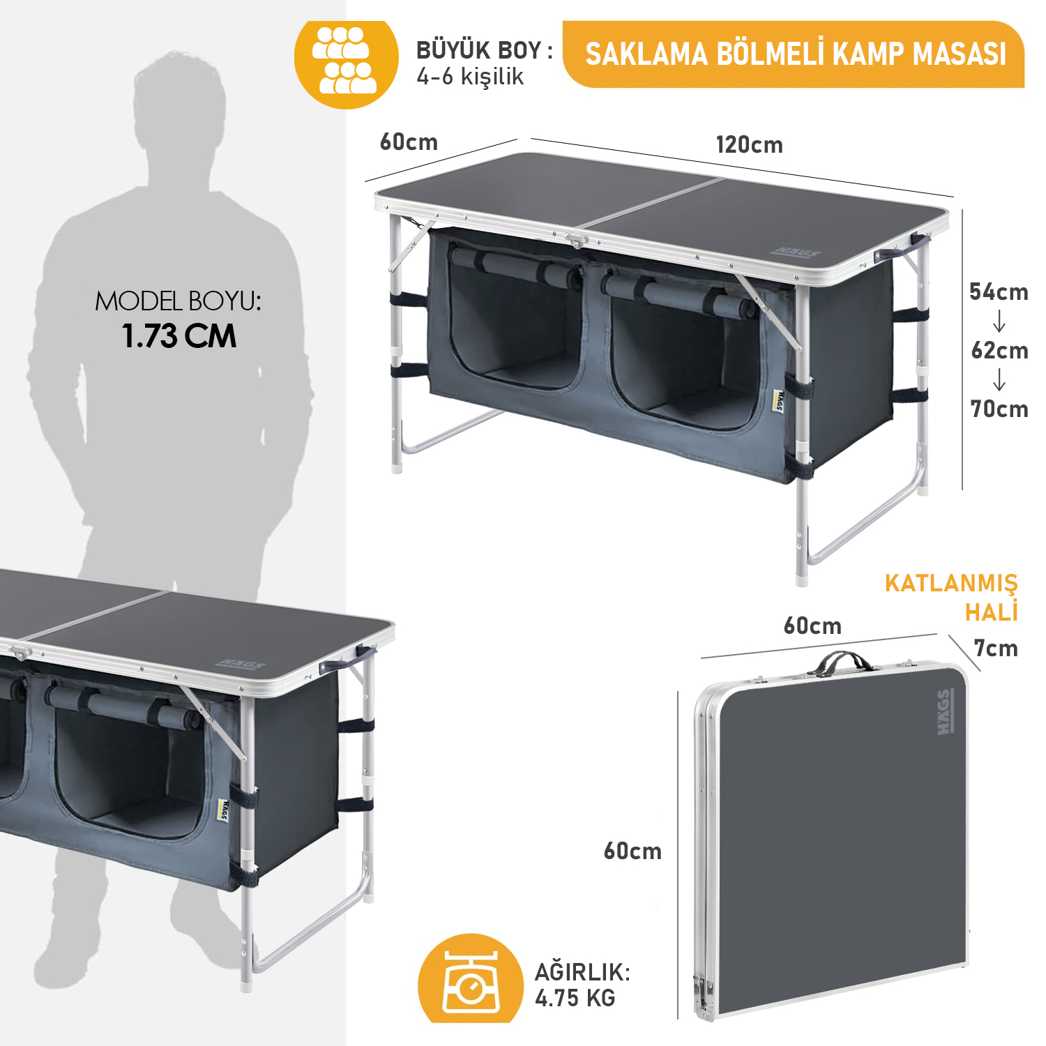 Haegs Saklama Dolaplı Kamp Masası Outdoor Kamp Mutfağı Kamp Dolabı Katlanabilir Kamp Piknik Masası Seyahat Mutfağı Mutfak Dolabı Depolama bölmeli Dış Mekan Mutfağı 120-60cm- Antrasit 3