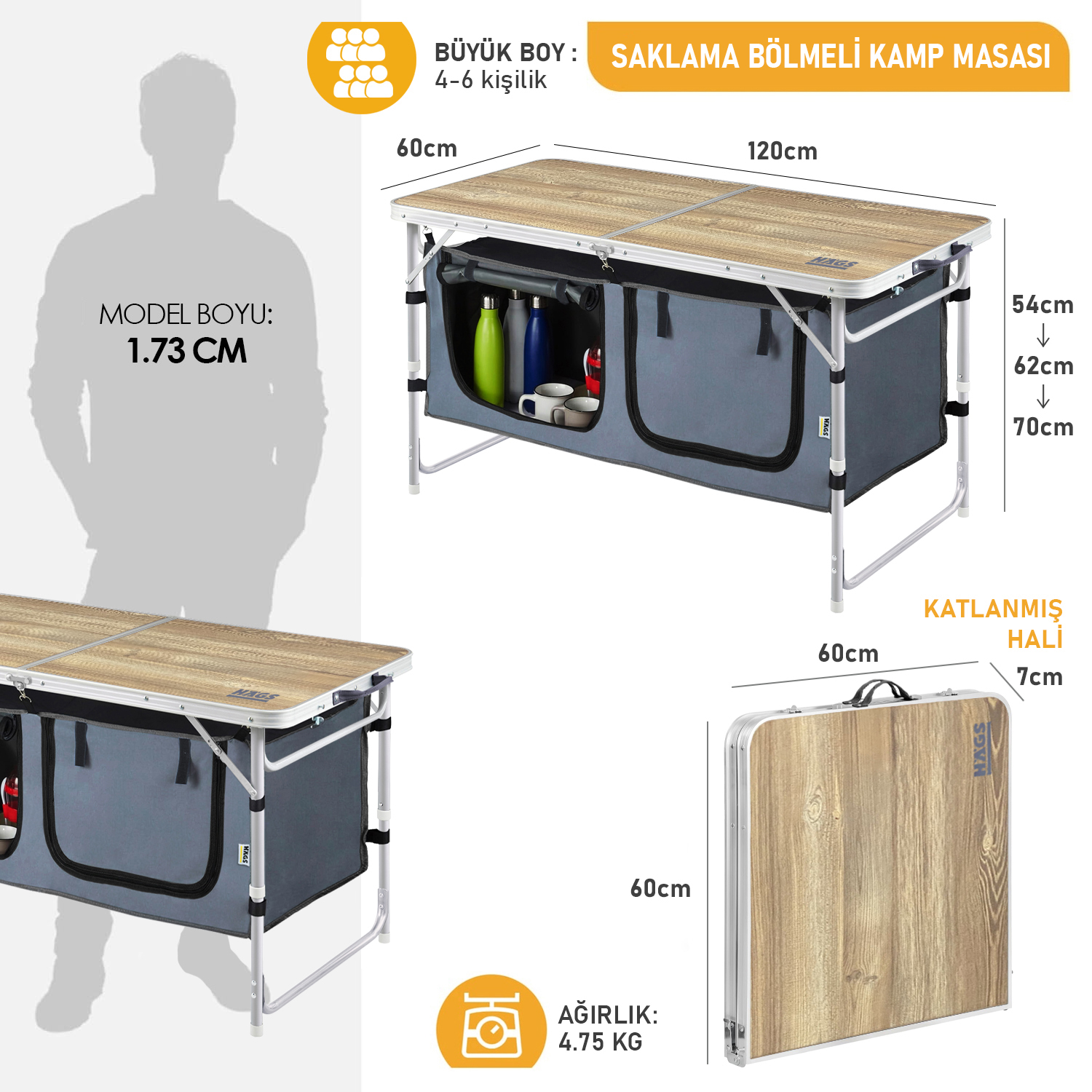 Haegs Saklama Dolaplı Kamp Masası Outdoor Kamp Mutfağı Kamp Dolabı Katlanabilir Kamp Piknik Masası Seyahat Mutfağı Mutfak Dolabı Depolama bölmeli Dış Mekan Mutfağı 120x60cm- Naturel Meşe 2