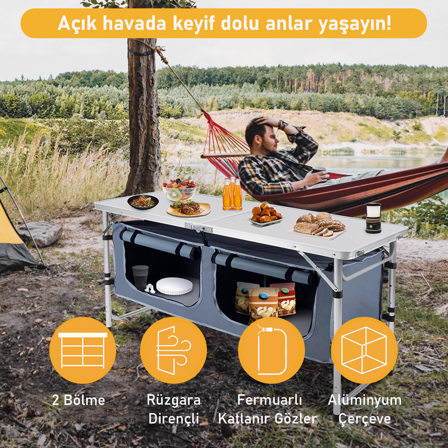 Haegs Saklama Dolaplı Kamp Masası Outdoor Kamp Mutfağı Kamp Dolabı Katlanabilir Kamp Piknik Masası Seyahat Mutfağı Mutfak Dolabı Depolama bölmeli Dış Mekan Mutfağı 120x60cm- Hareli Ceviz 4
