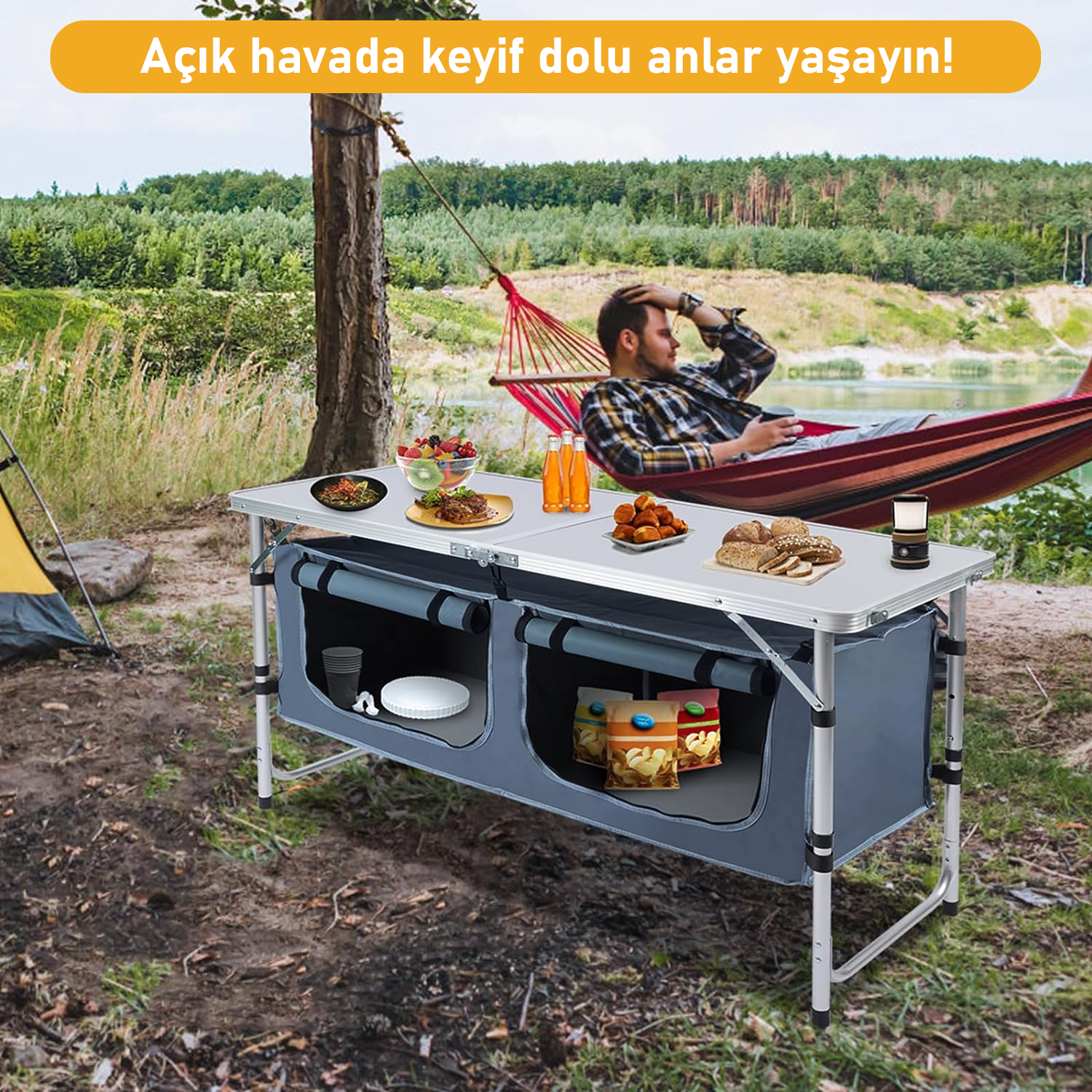 Haegs Saklama Dolaplı Kamp Masası Outdoor Kamp Mutfağı Kamp Dolabı Katlanabilir Kamp Piknik Masası Seyahat Mutfağı Mutfak Dolabı Depolama bölmeli Dış Mekan Mutfağı 120-60cm- Kumaş Desenli 8