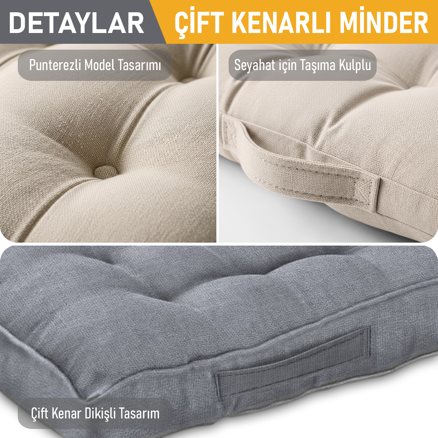 Haegs Sandalye Minderi Çift Kenarlı Taşıma Kulplu Punterez Puntolu Elyaf Dolgulu Mutfak Yemek Sandalyeleri için Kare Oturma Minderi Ofis Masası için Yumuşak Konforlu Minder 42x42x6 cm - Gri 4