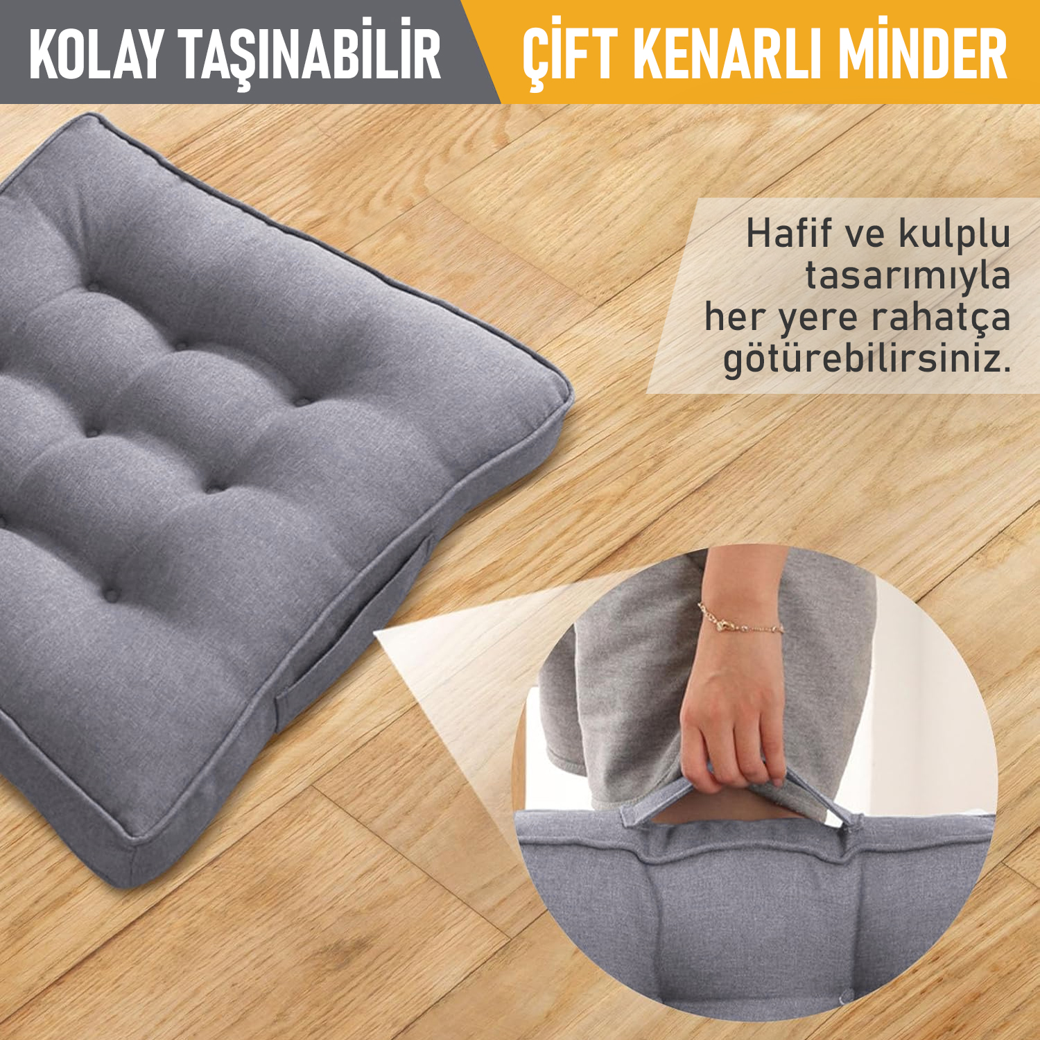 Haegs Sandalye Minderi Çift Kenarlı Taşıma Kulplu Punterez Puntolu Elyaf Dolgulu Mutfak Yemek Sandalyeleri için Kare Oturma Minderi Ofis Masası için Yumuşak Konforlu Minder 42x42x6 cm - Gri 4