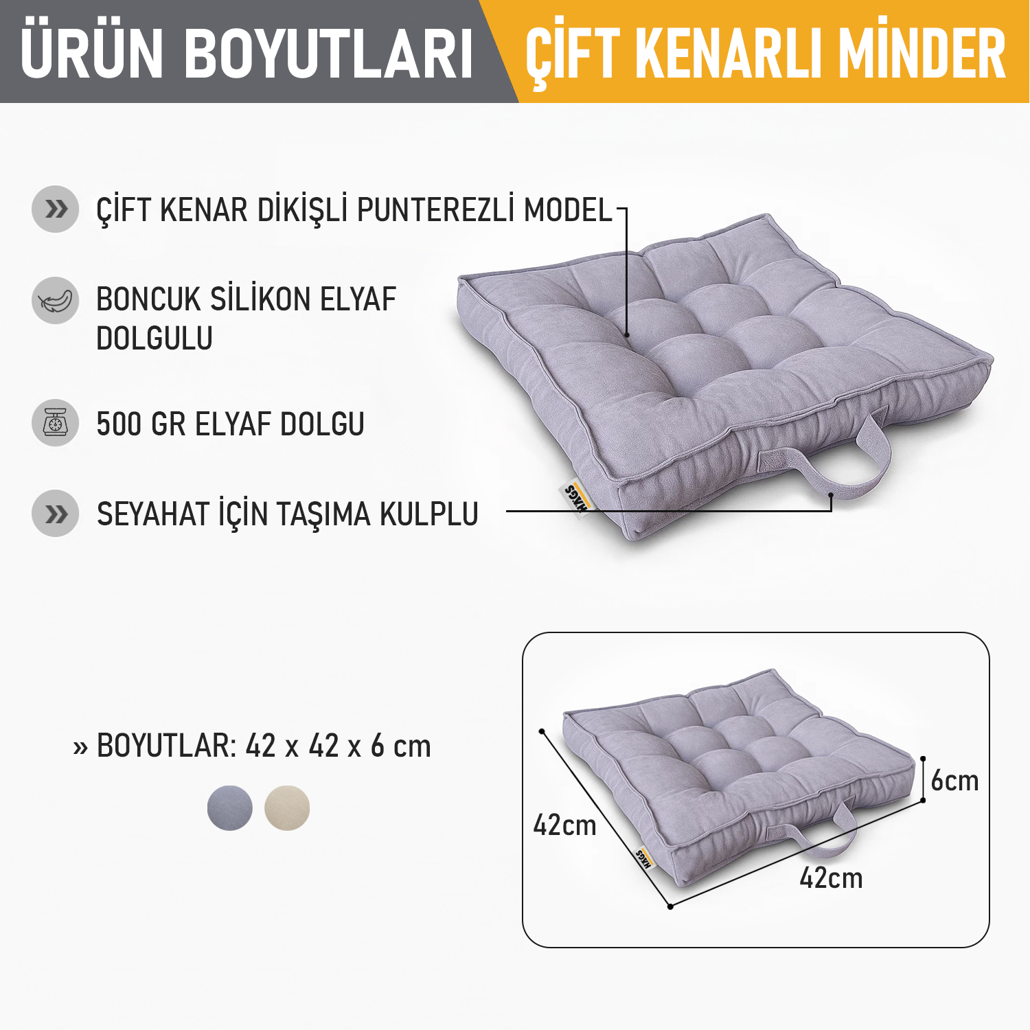 Haegs Sandalye Minderi Çift Kenarlı Taşıma Kulplu Punterez Puntolu Elyaf Dolgulu Mutfak Yemek Sandalyeleri için Kare Oturma Minderi Ofis Masası için Yumuşak Konforlu Minder 42x42x6 cm - Gri 2