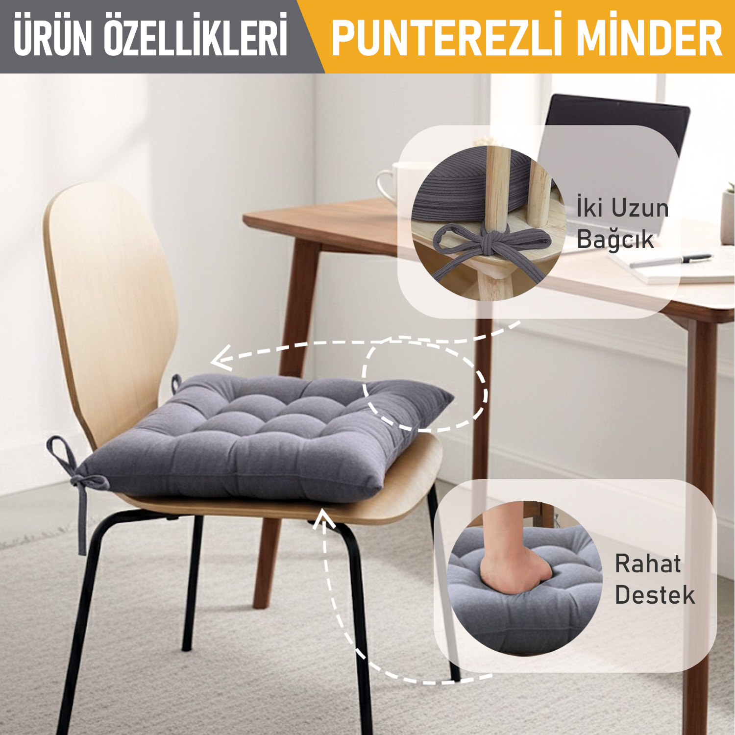 Haegs Sandalye Minderi Punterez Puntolu Silikon Elyaf Dolgulu Bağcıklı Mutfak Yemek Sandalyeleri için Oturma Minderi Ofis Sandalyesi Minderi Yumuşak Konforlu Puf Minder 42x42x6 cm - Bej 7