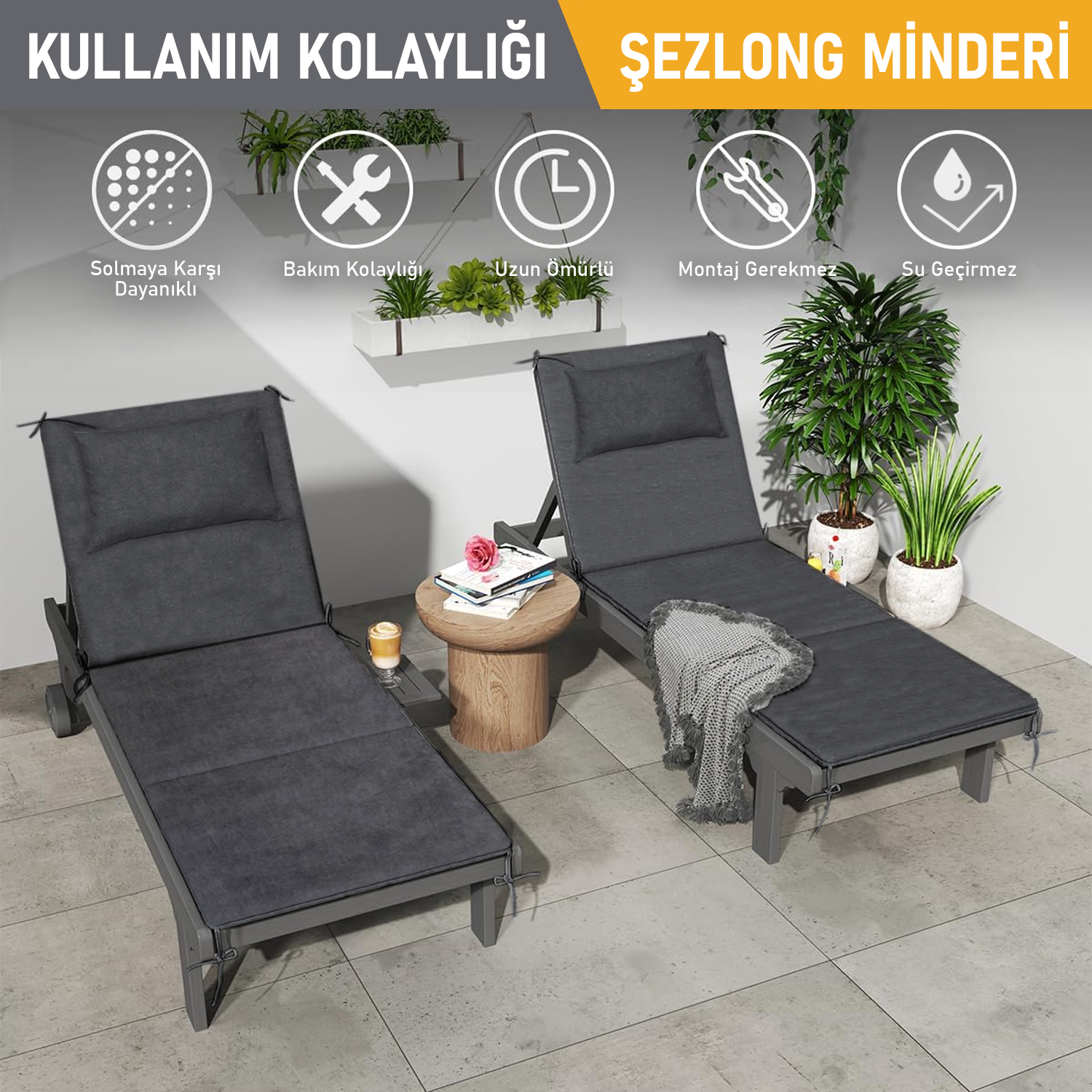 Haegs Şezlong Minderi Havuz Plaj Outdoor Kamp için Katlanır Sünger Minder Su Geçirmez Dış Mekan Süet Kumaş Kılıf Dış Mekan Mobilyaları İçin Veranda Yedek Minderi 22 Dens - 180x55x3 cm - Gri 3