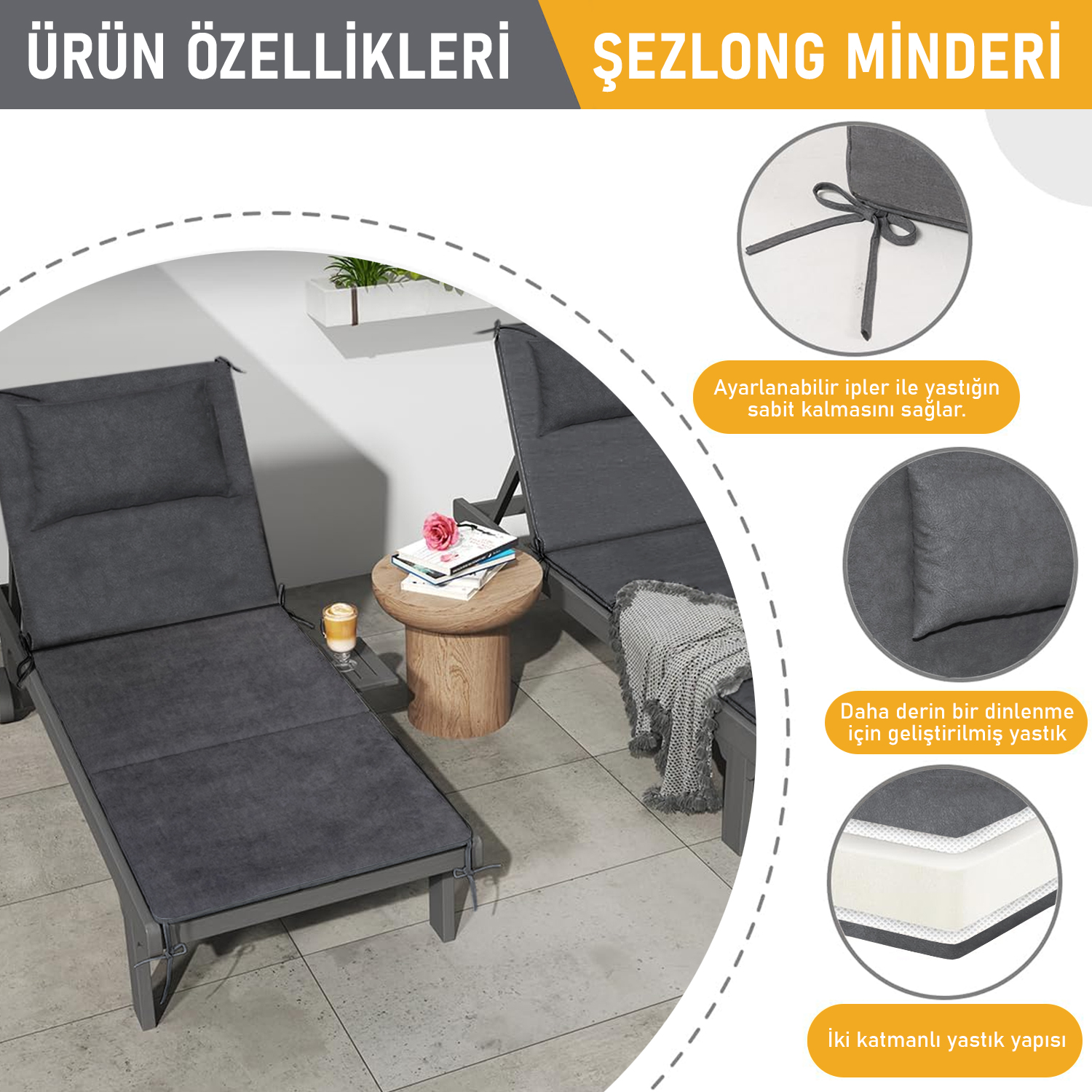 Haegs Şezlong Minderi Havuz Plaj Outdoor Kamp için Katlanır Sünger Minder Su Geçirmez Dış Mekan Süet Kumaş Kılıf Dış Mekan Mobilyaları İçin Veranda Yedek Minderi 22 Dens - 180x55x3 cm - Gri 5