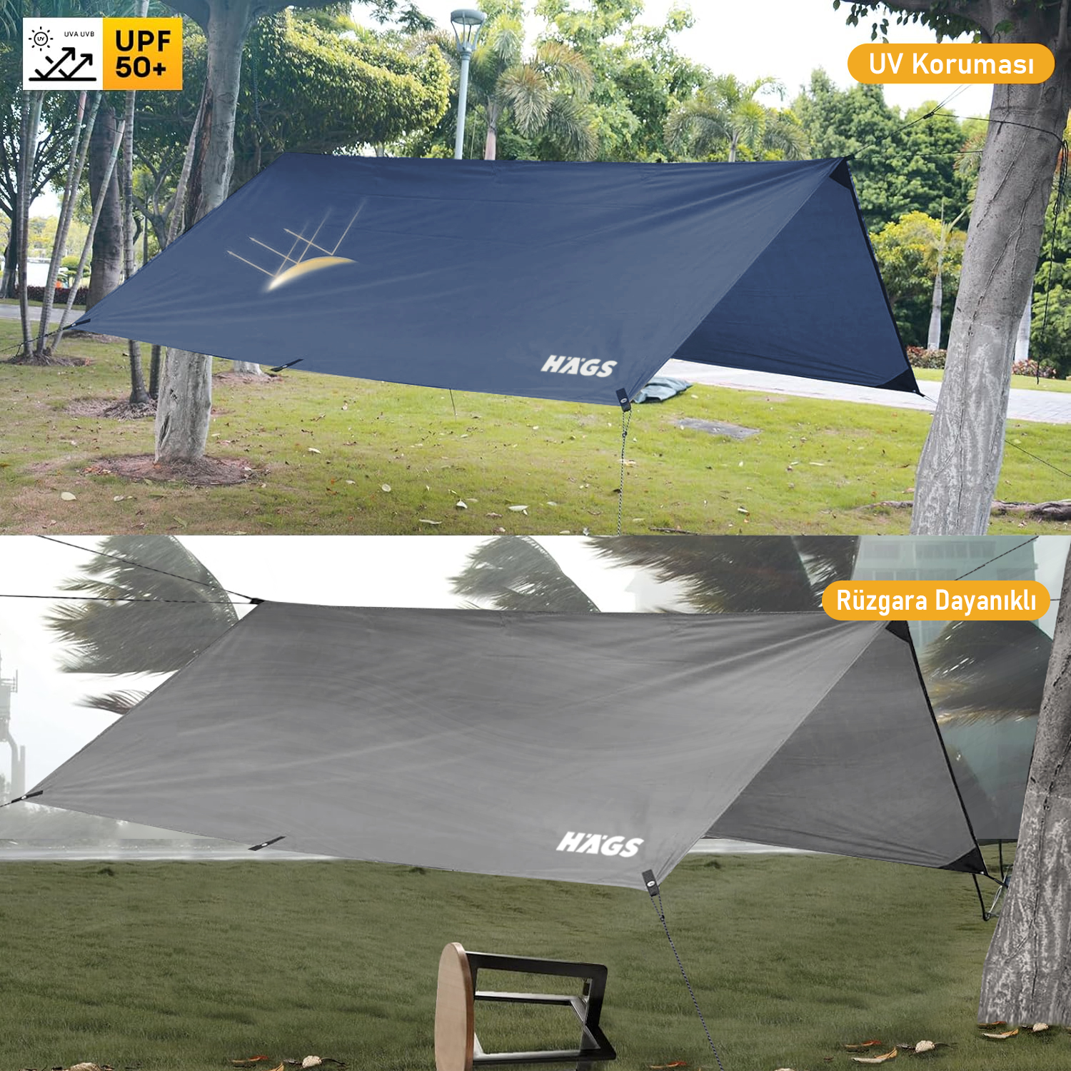 Haegs Su Geçirmez Tarp Tente Gölgelik Örtü 4 Mevsim Taşınabilir Örtü Branda Çok İşlevli Outdoor Açık Hava Kamp Seyahat Tente Branda Barınak Yağmurluk Güneşlik Karavan Yan Gölgelik Çadır 300x300 cm Koyu Mavi 2