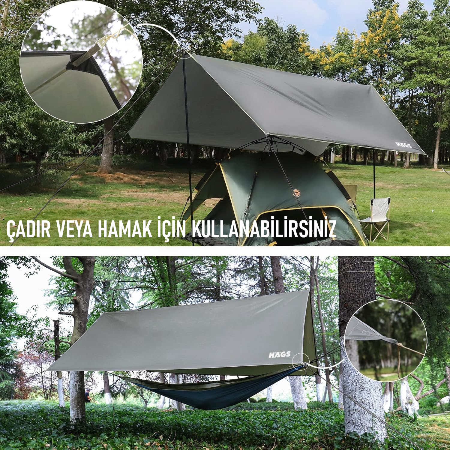 Haegs Su Geçirmez Tarp Tente Gölgelik Örtü 4 Mevsim Taşınabilir Örtü Branda Çok İşlevli Outdoor Açık Hava Kamp Seyahat Tente Branda Barınak Yağmurluk Güneşlik Karavan Yan Gölgelik Çadır 300x300 cm Siyah 7