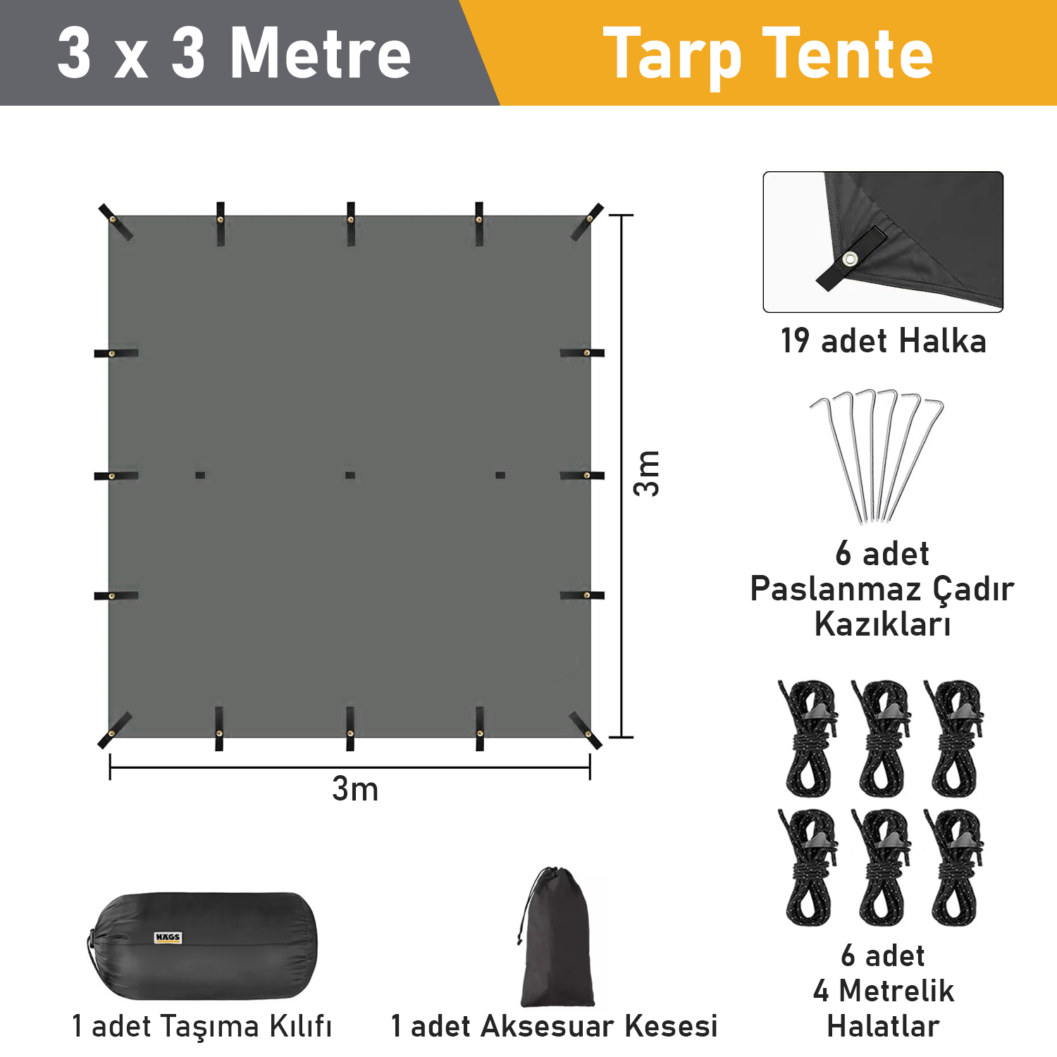 Haegs Su Geçirmez Tarp Tente Gölgelik Örtü 4 Mevsim Taşınabilir Örtü Branda Çok İşlevli Outdoor Açık Hava Kamp Seyahat Tente Branda Barınak Yağmurluk Güneşlik Karavan Yan Gölgelik Çadır 300x300 cm Siyah 3