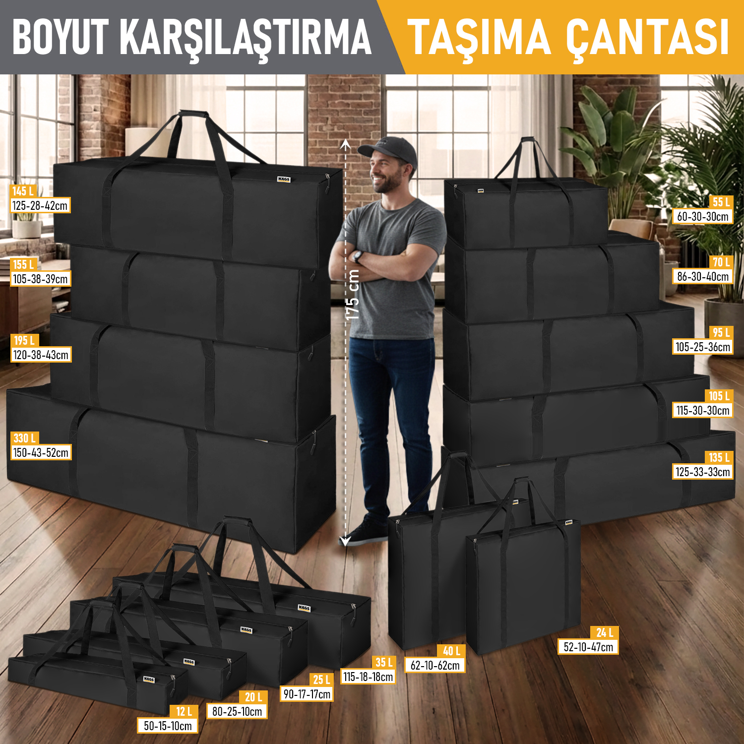 Haegs Taşıma Çantası Fermuarlı Dayanıklı Seyahat Spor Kamp Malzemeleri Saklama Çantası Hurç Valiz 105L 115 x 30 x 30cm - Siyah 3