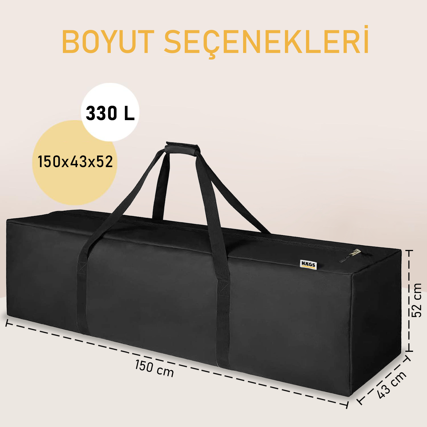 Haegs Taşıma Çantası Uzun Geniş Çok Amaçlı Fermuarlı Dayanıklı Seyahat Kamp Malzemeleri Saklama Çantası Hurç Valiz 330L 150 x 43 x 52 cm - Siyah 2