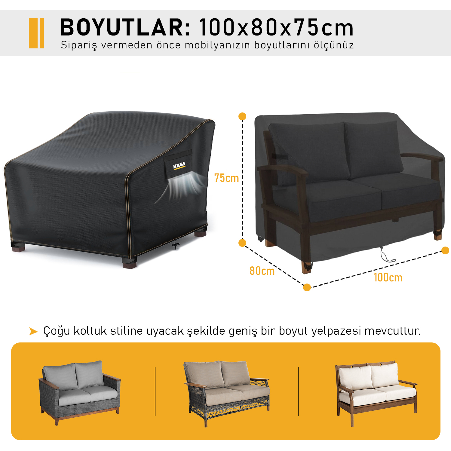 Haegs Tek Kişilik Bahçe Koltuk Örtüsü Koruma Kılıfı Su Geçirmez Açık Hava Bahçe Mobilya Kılıfları Dış Mekan Sandalye Kılıfı Örtü Branda Ağır Hizmet Tipi 100-80-75cm - Siyah 2