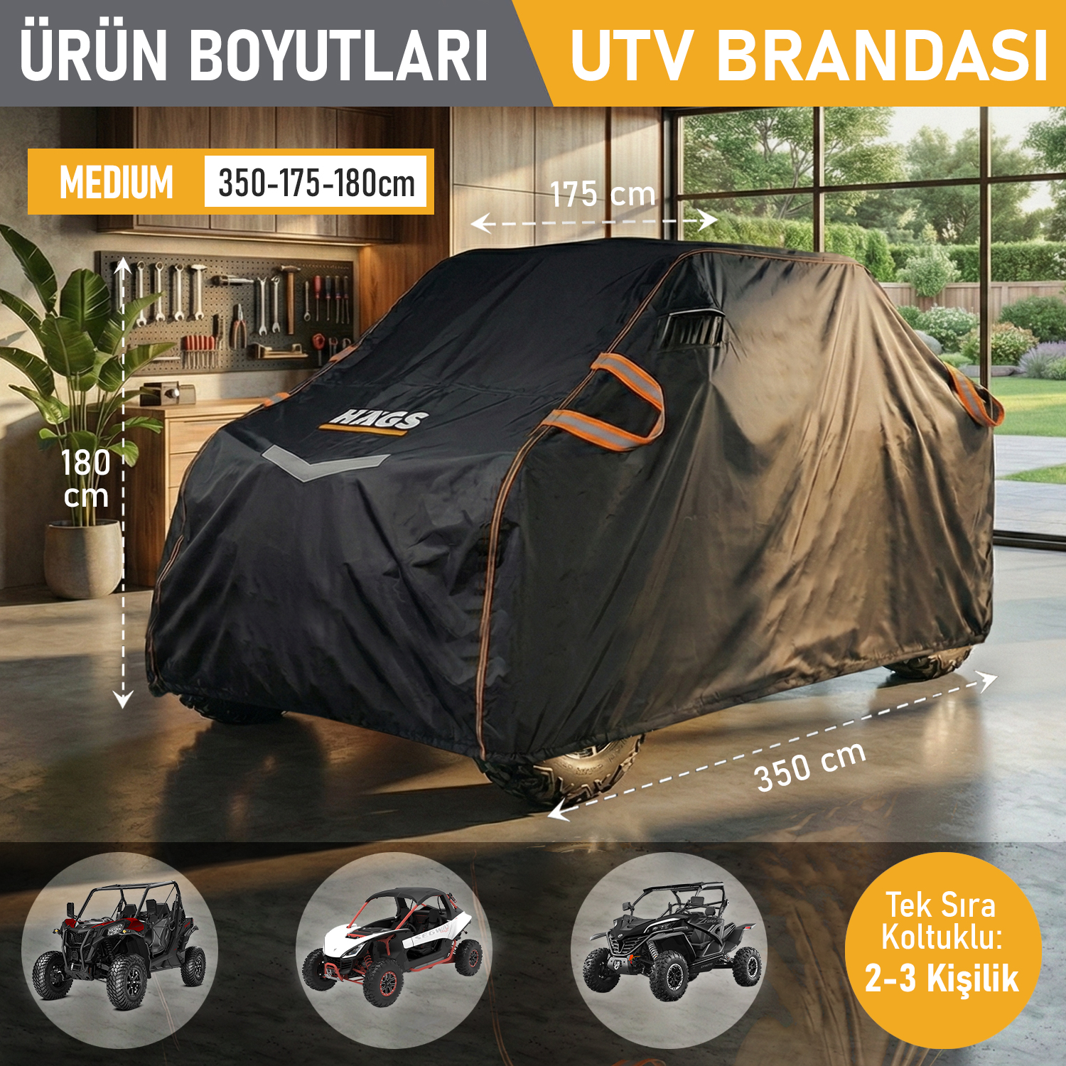 Haegs UTV Brandası UTV Koruma Kılıfı Örtüsü Ağır Hizmet Tipi Su Geçirmez 4 Mevsim Koruma Tek Sıra Koltuklu 2-3 Kişilik UTV için M-350-175-180cm Siyah - Gri 3