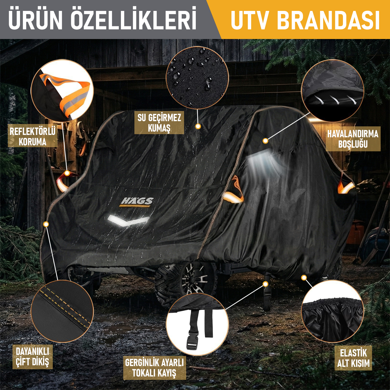 Haegs UTV Brandası UTV Koruma Kılıfı Örtüsü Ağır Hizmet Tipi Su Geçirmez 4 Mevsim Koruma Çift Sıra Koltuklu 4-6 Kişilik Plus UTV için XL-420-175-190cm Gri 5