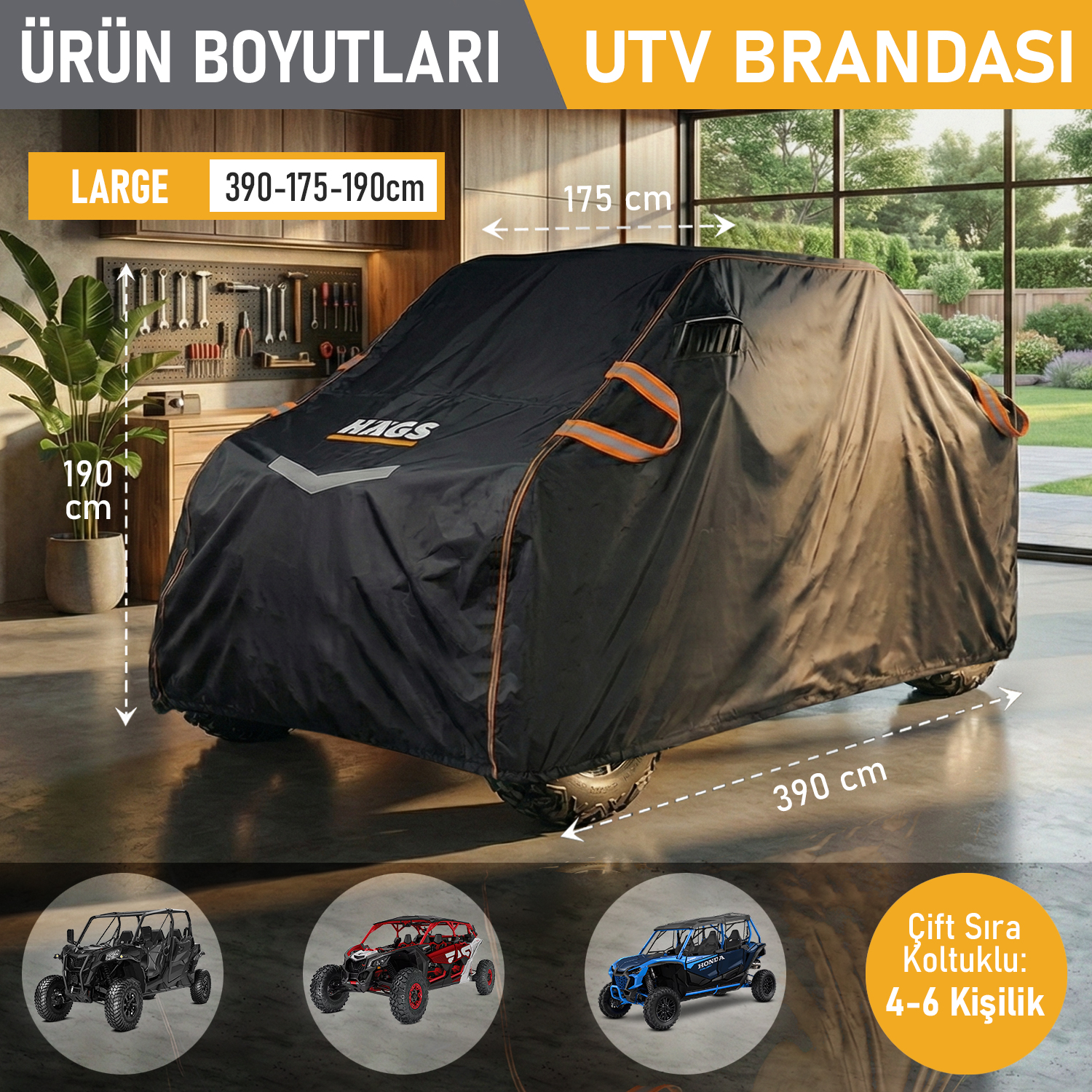 Haegs UTV Brandası UTV Koruma Kılıfı Örtüsü Ağır Hizmet Tipi Su Geçirmez 4 Mevsim Koruma Çift Sıra Koltuklu 4-6 Kişilik UTV için L-390-175-190cm Siyah 3
